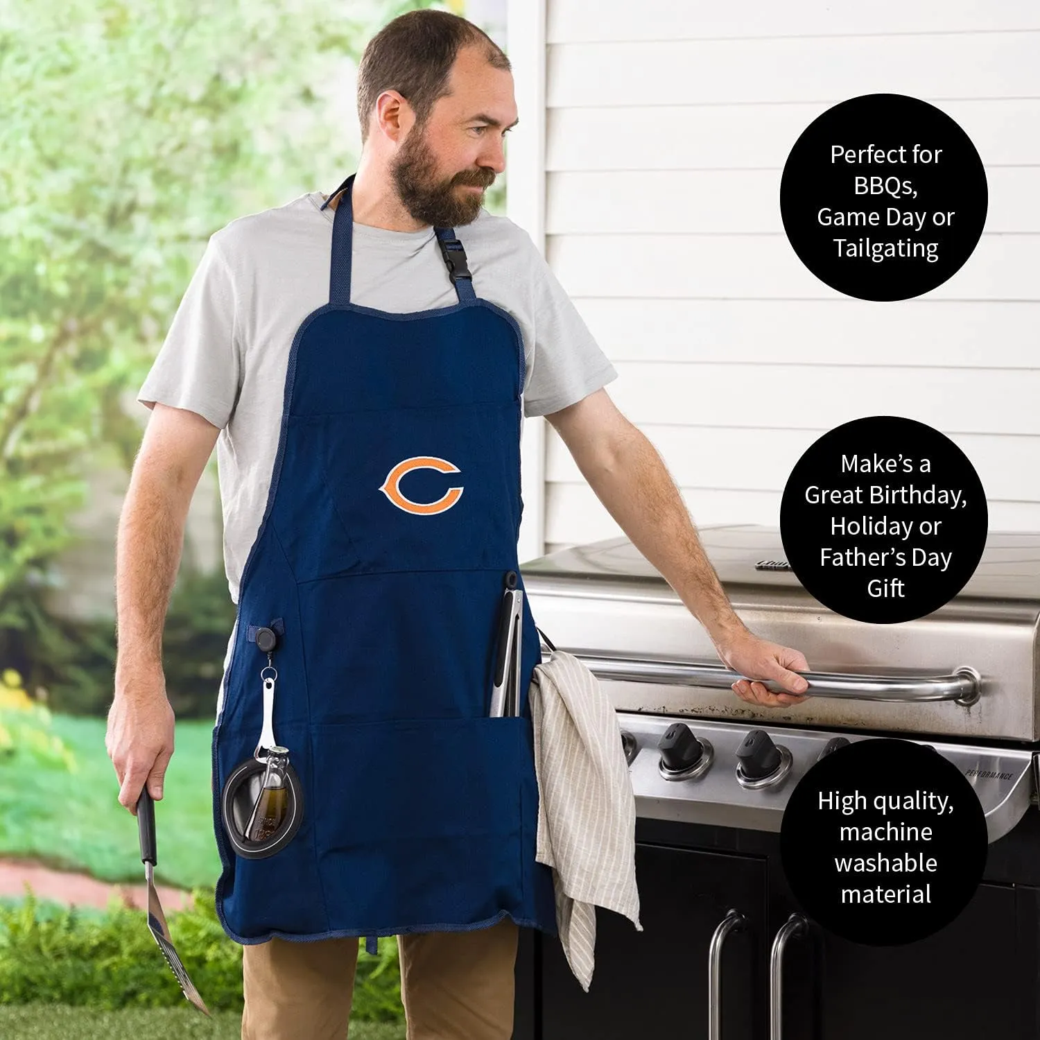 Team Sports America NFL Ultimate Grilling Apron with Bottle Opener and Insulated Beverage Holder, Adjustable Straps Men Women