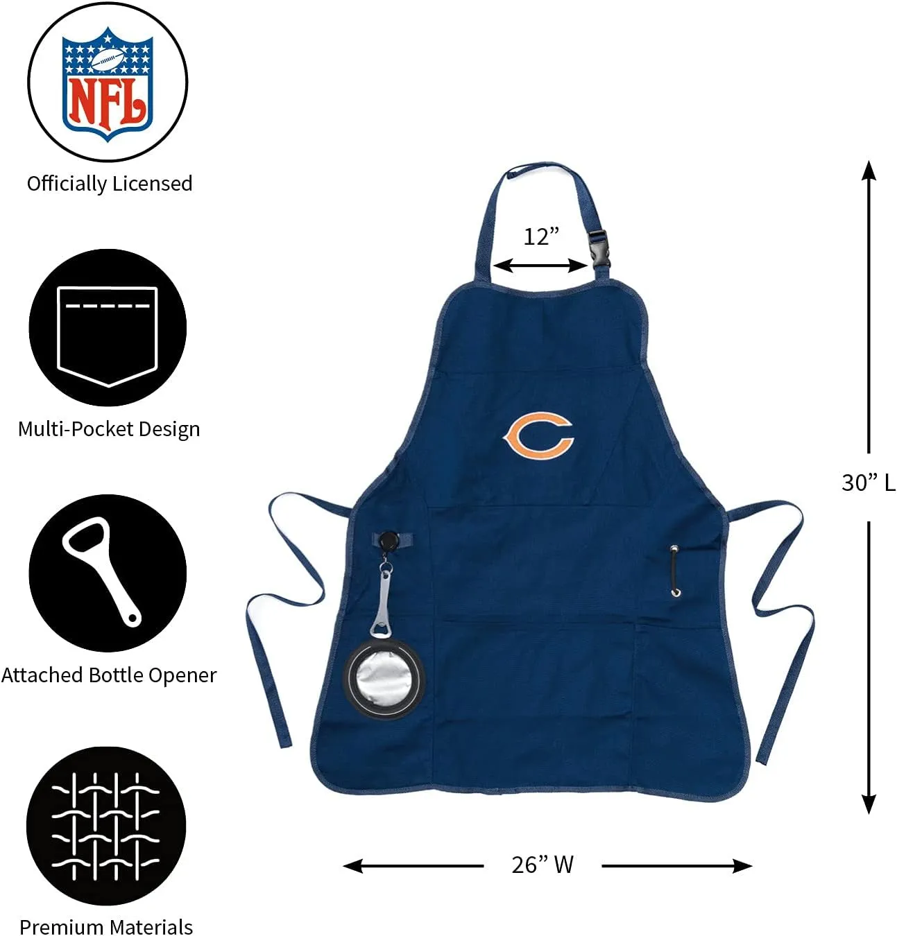 Team Sports America NFL Ultimate Grilling Apron with Bottle Opener and Insulated Beverage Holder, Adjustable Straps Men Women