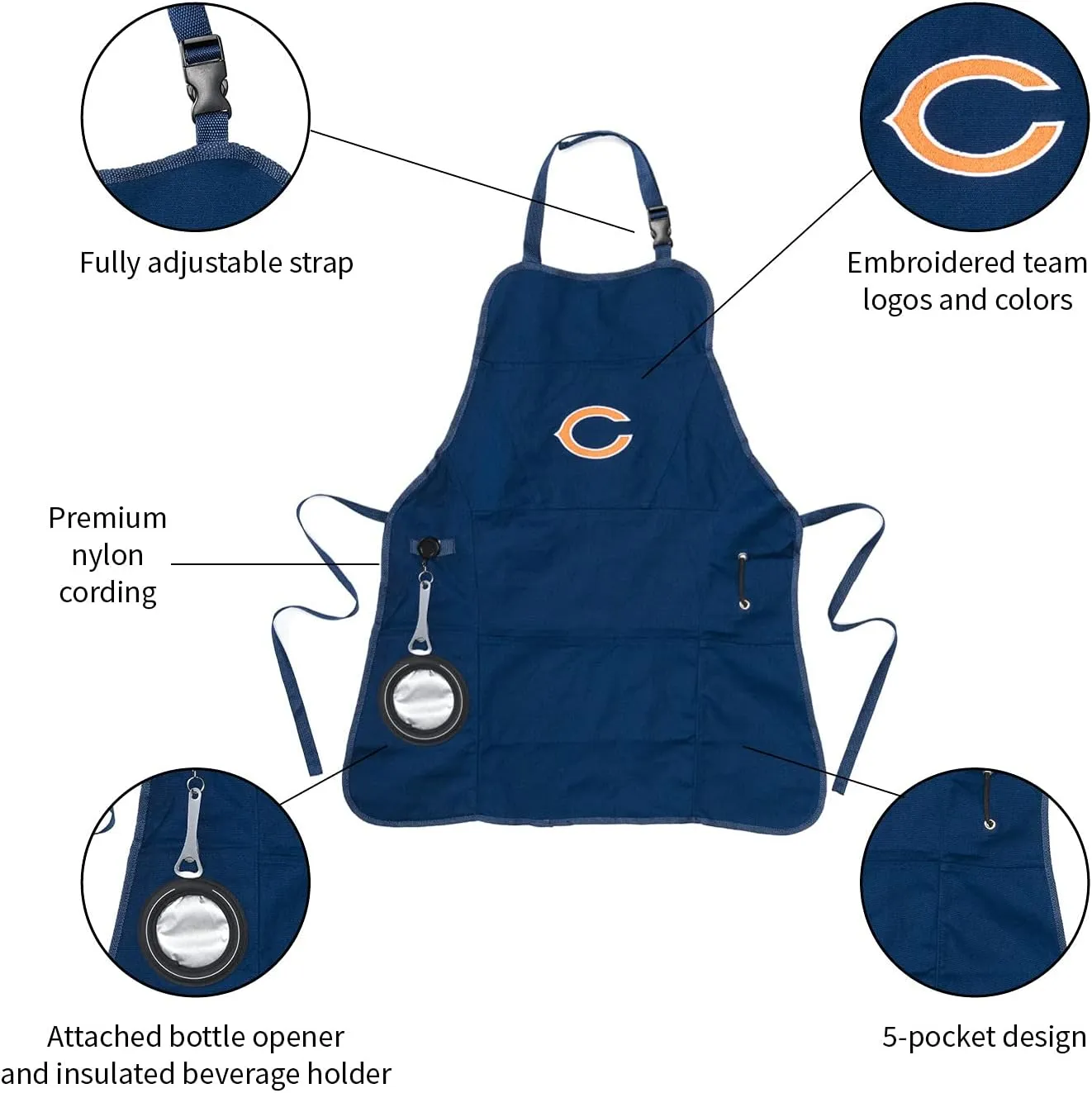 Team Sports America NFL Ultimate Grilling Apron with Bottle Opener and Insulated Beverage Holder, Adjustable Straps Men Women