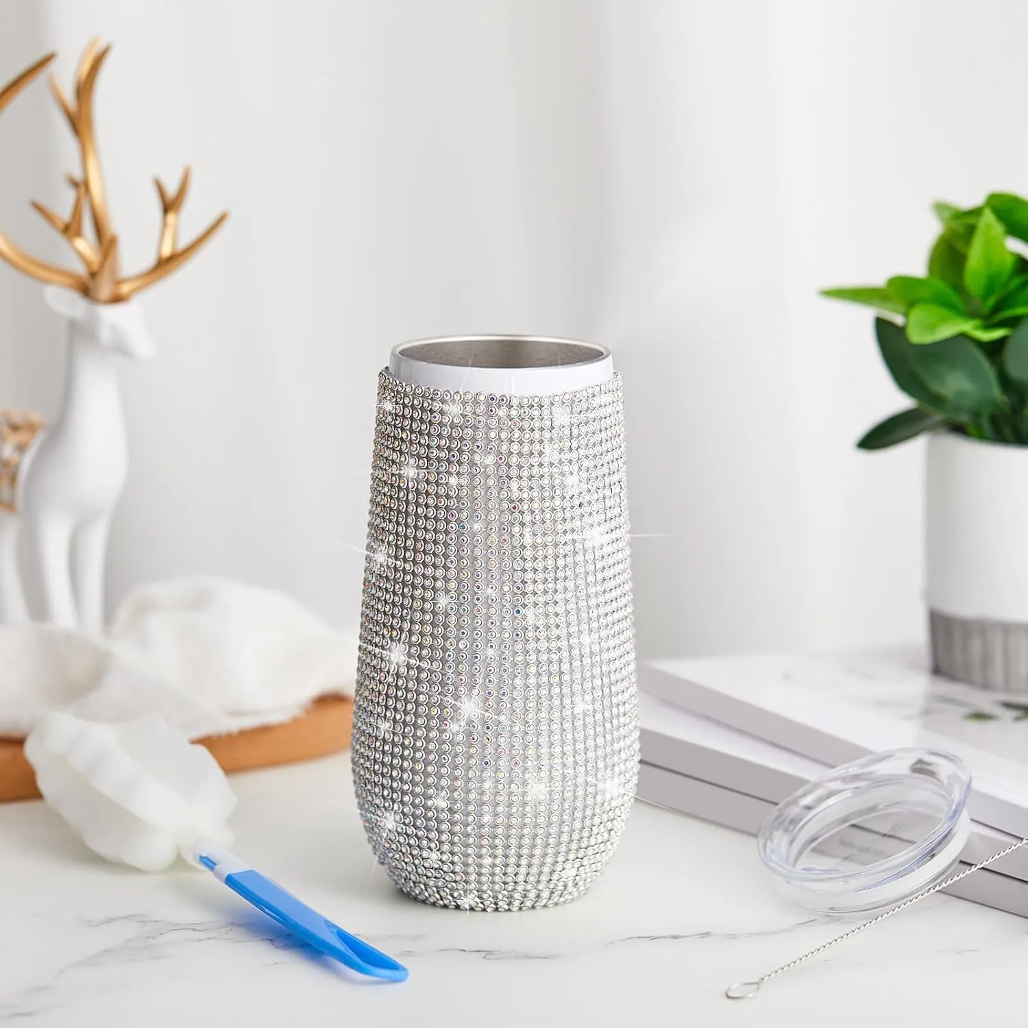 Tessco Bling Cups Rhinestones Tumbler with Straw Glitter Water Bottle Stainless Steel Straw Tumbler Insulated Bling Cup with Lid Brush for Teacher Graduation Season Gifts(Classic 12 oz,AB Color)