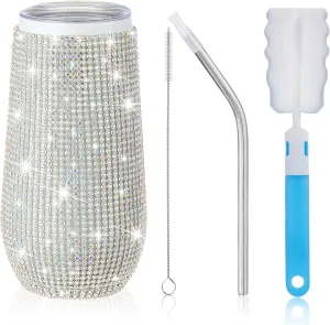 Tessco Bling Cups Rhinestones Tumbler with Straw Glitter Water Bottle Stainless Steel Straw Tumbler Insulated Bling Cup with Lid Brush for Teacher Graduation Season Gifts(Classic 12 oz,AB Color)