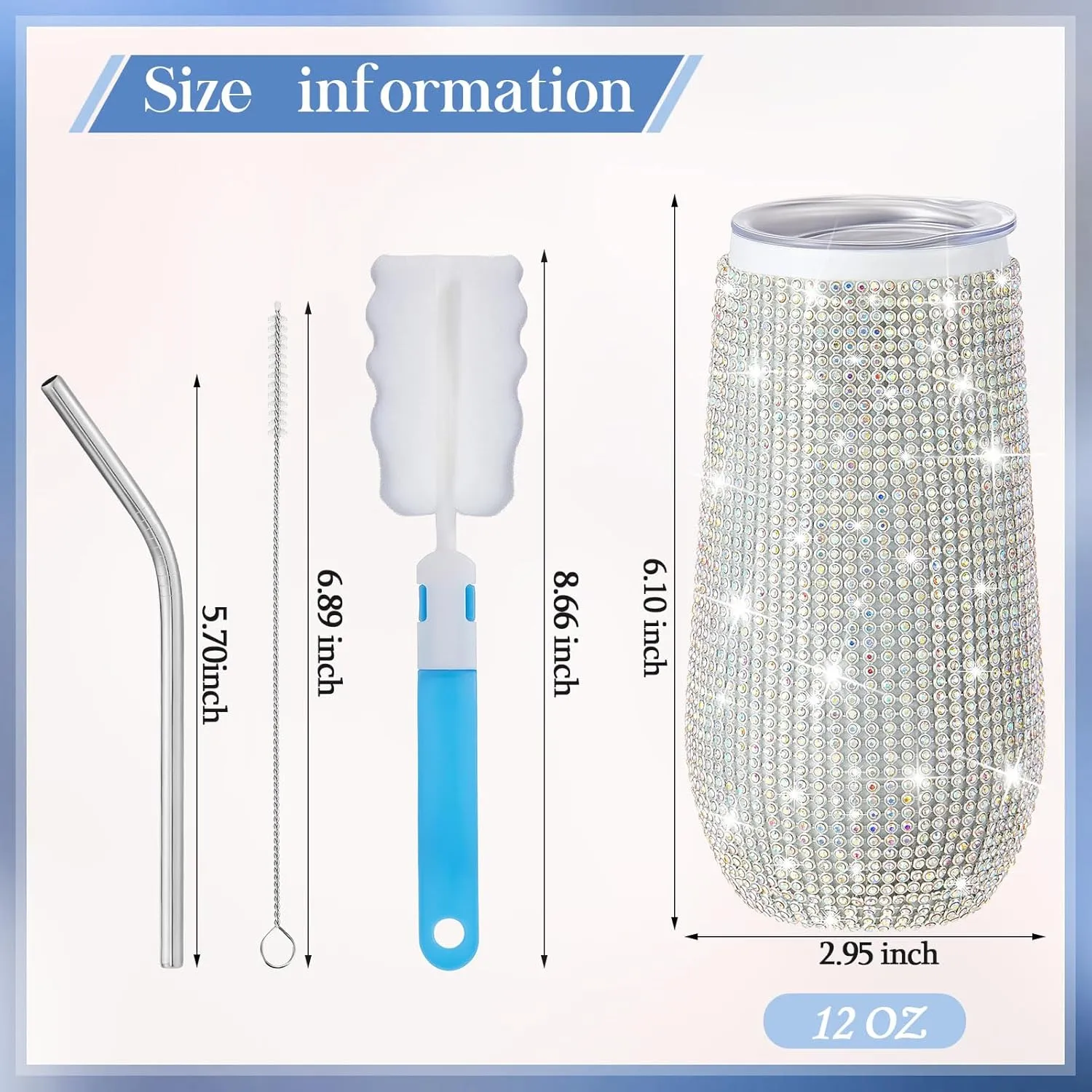Tessco Bling Cups Rhinestones Tumbler with Straw Glitter Water Bottle Stainless Steel Straw Tumbler Insulated Bling Cup with Lid Brush for Teacher Graduation Season Gifts(Classic 12 oz,AB Color)