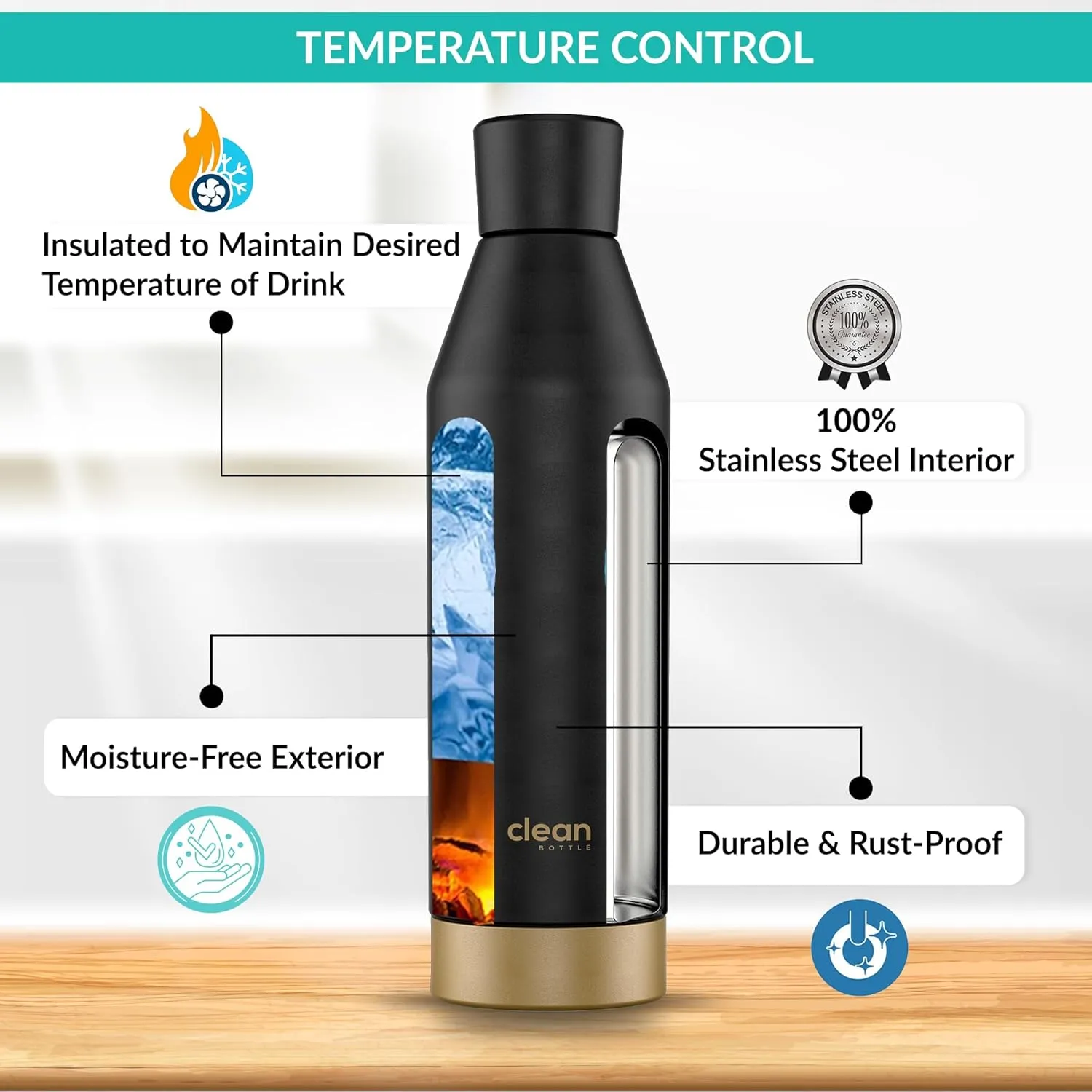 The Clean Hydration Co, Canteen 17, Easy to Clean Vacuum Insulated Stainless Steel Water Bottle with Removable Bottom Cap (Black & Bronze)