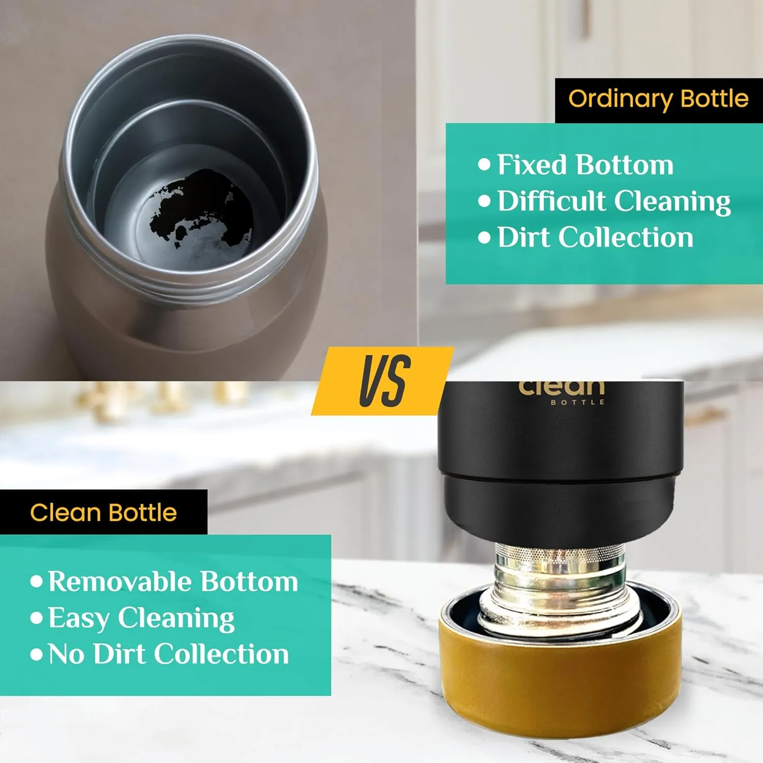 The Clean Hydration Co, Canteen 17, Easy to Clean Vacuum Insulated Stainless Steel Water Bottle with Removable Bottom Cap (Black & Bronze)