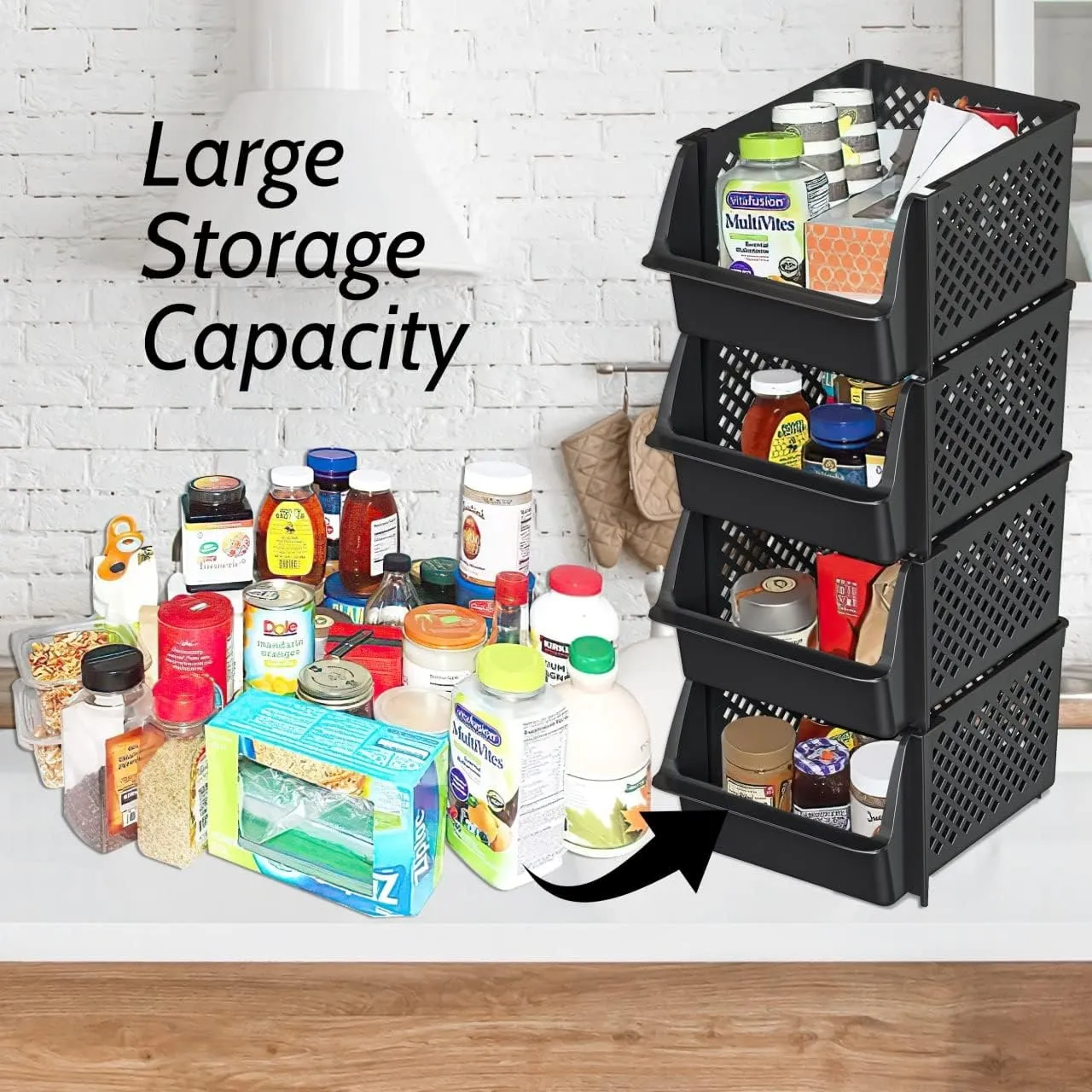 TidyFriend Stackable Storage Bins for Pantry, 4 Pack Stackable Bins For Organizing Food, Kitchen, and Bathroom Essentials (Black)