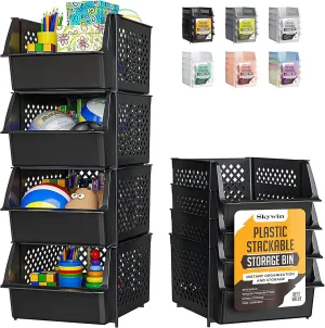 TidyFriend Stackable Storage Bins for Pantry, 4 Pack Stackable Bins For Organizing Food, Kitchen, and Bathroom Essentials (Black)