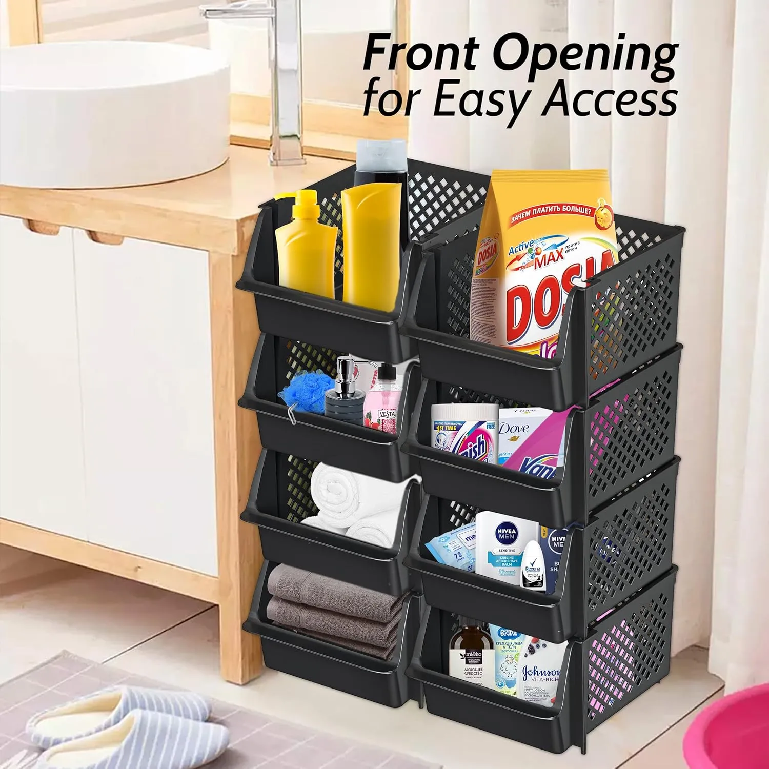 TidyFriend Stackable Storage Bins for Pantry, 4 Pack Stackable Bins For Organizing Food, Kitchen, and Bathroom Essentials (Black)