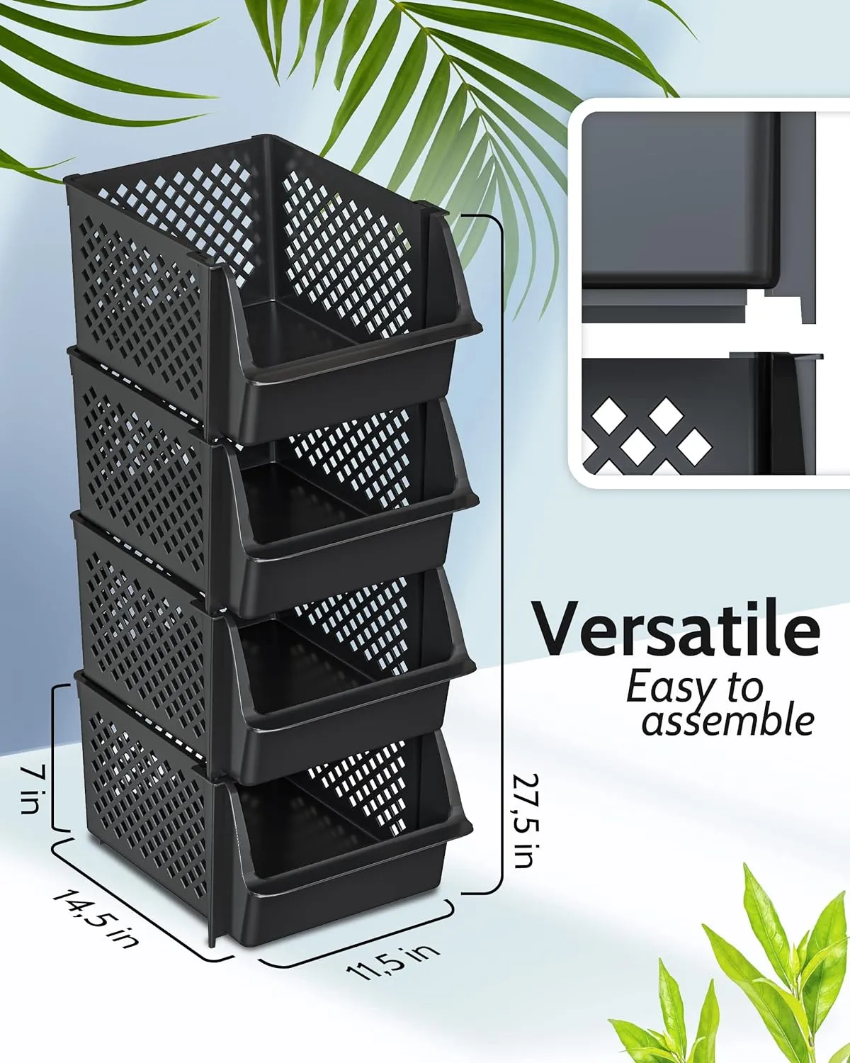 TidyFriend Stackable Storage Bins for Pantry, 4 Pack Stackable Bins For Organizing Food, Kitchen, and Bathroom Essentials (Black)