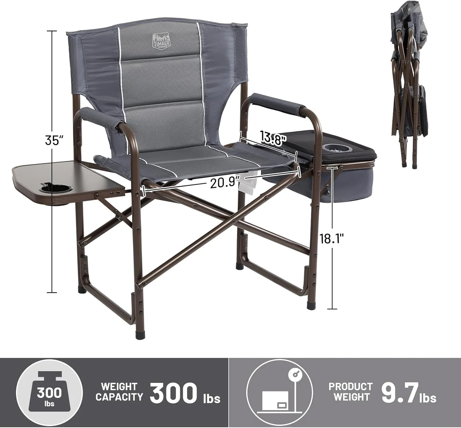 TIMBER RIDGE Lightweight Camping Chair, Portable Laurel Director's Chair with Foldable Side Table, Cooler Bag & Mesh Pocket, Compact Outdoor Folding Lawn Chair, Supports 300lbs, Grey