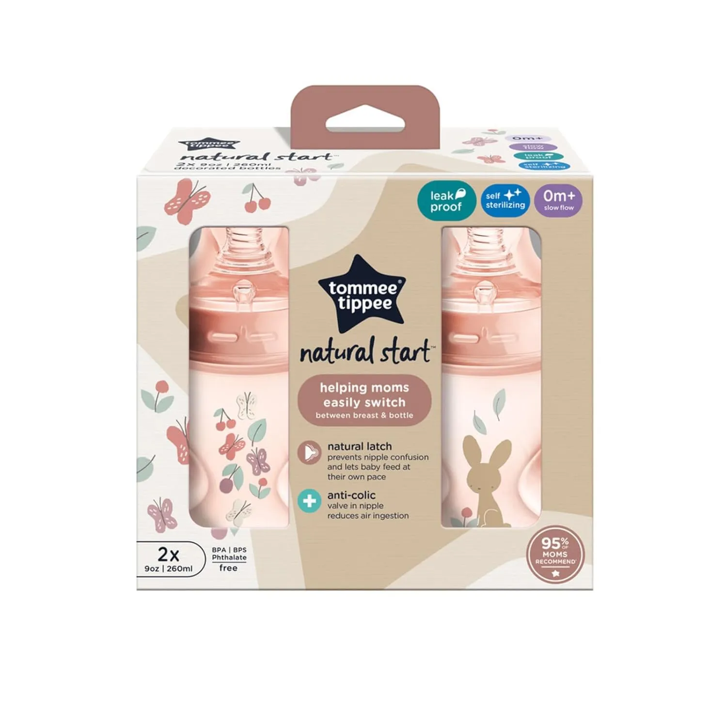 Tommee Tippee Natural Start Anti-Colic BPA Free Baby Bottles, 9oz, Newborn 0  Months, Slow Flow Breast-Like Nipple, Designed for Seamless Transitions Between Bottle and Breast, Pink, Pack of 2