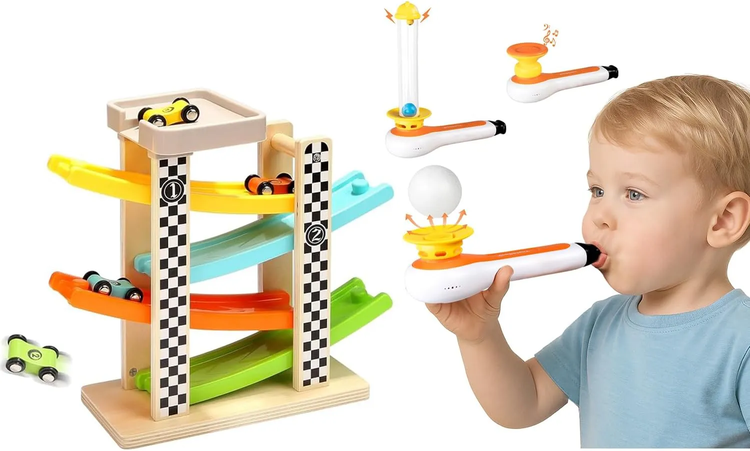 TOP BRIGHT Montessori Car Ramp Track Toys for Toddler 1-3, 3-in-1 Sensory Toys for Kids Toddler Balls Birthday Gifts