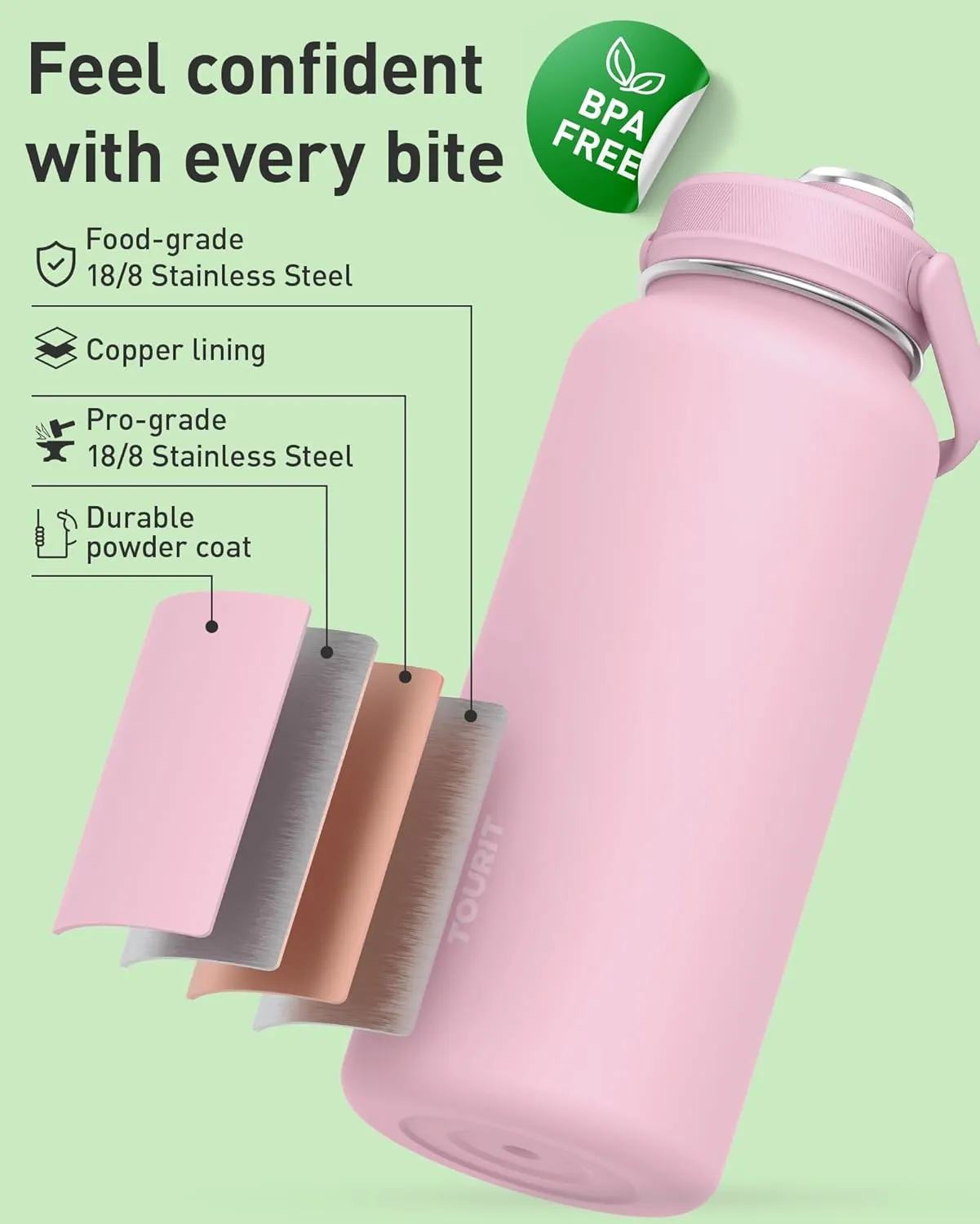 TOURIT 24 oz Insulated Water Bottle, Stainless Steel Sports Water Bottles With Top Handle, Double-Wall Travel Thermal Water Flask, BPA Free Leakproof Thermos Bottle for Sports, Glacial White