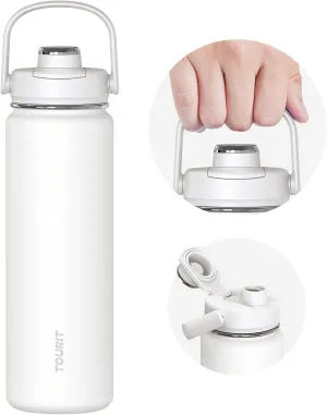 TOURIT 24 oz Insulated Water Bottle, Stainless Steel Sports Water Bottles With Top Handle, Double-Wall Travel Thermal Water Flask, BPA Free Leakproof Thermos Bottle for Sports, Glacial White