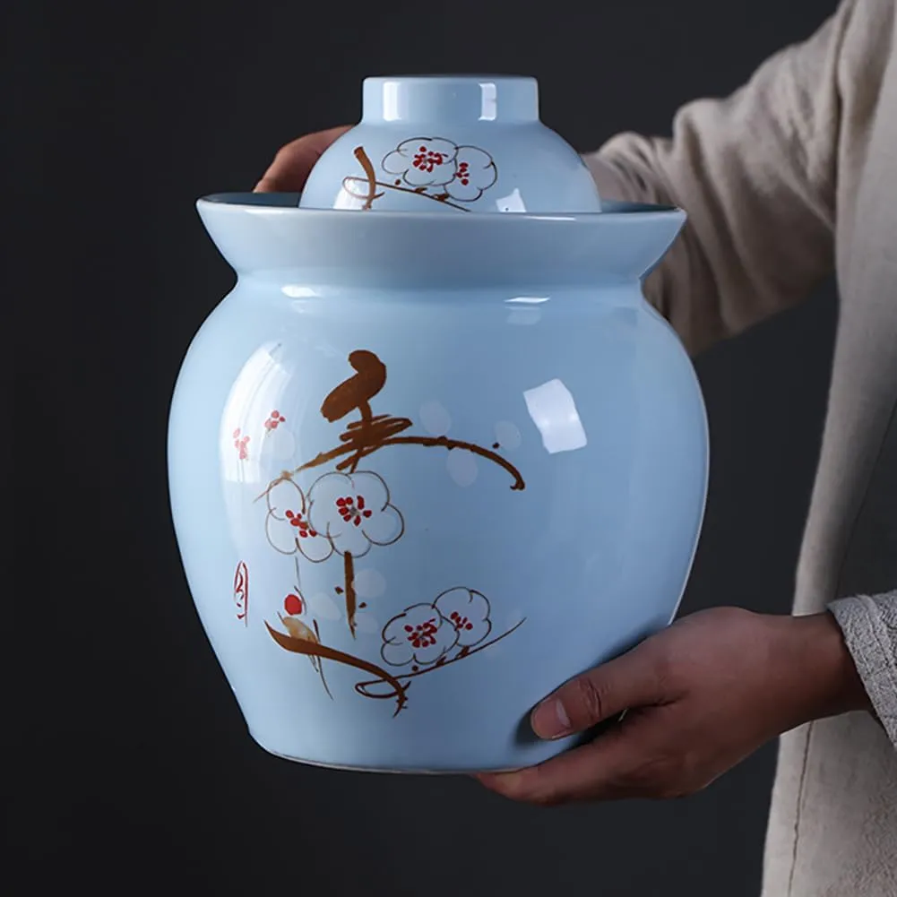 Traditional Chinese Kimchi Jar, Ceramic Fermentation Jar with Leakproof Lid, Homemade Water-Sealed Fermentation Jar, Suitable for Fermenting Kimchi Sauerkraut Vegetables,Blue 10.5kg