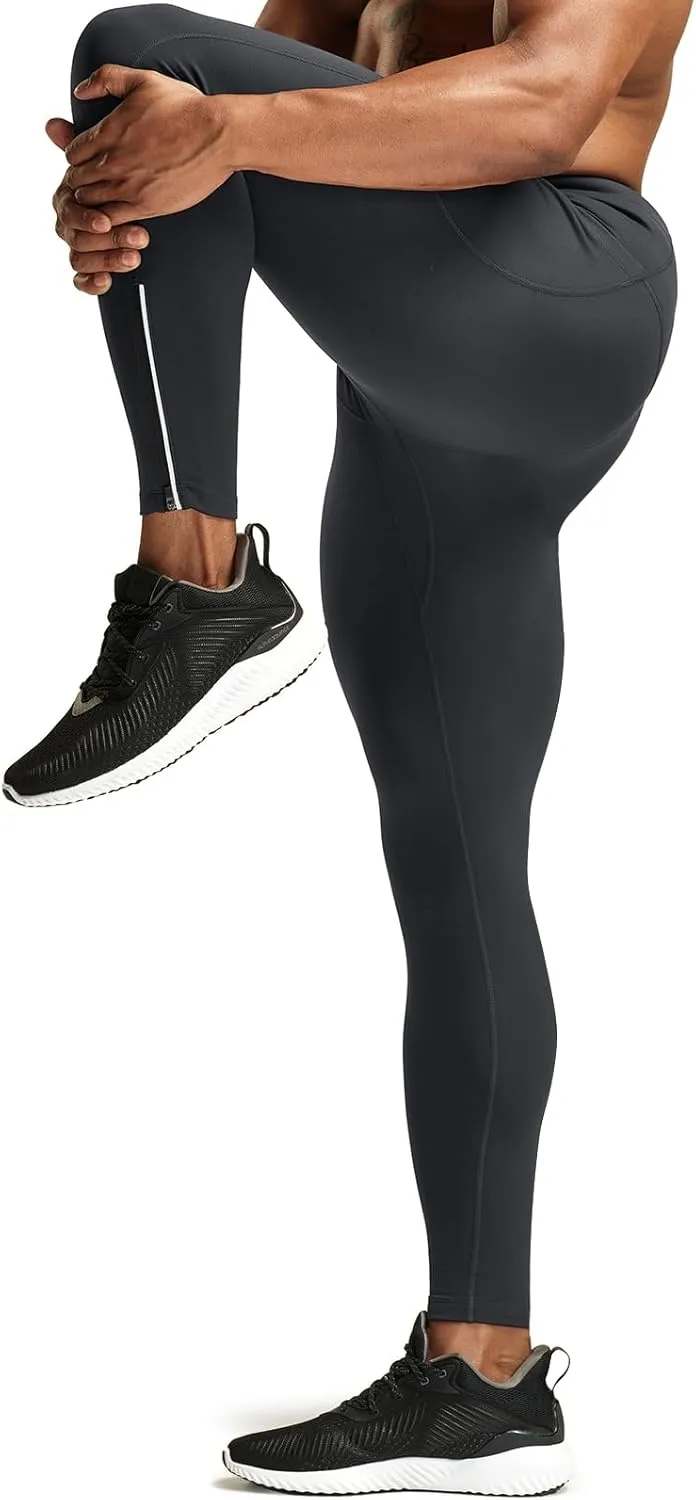 TSLA Men's Thermal Running Tights, Fleece Lined Compression Cycling Pants, Winter Cold Weather Leggings with Zipper Pocket
