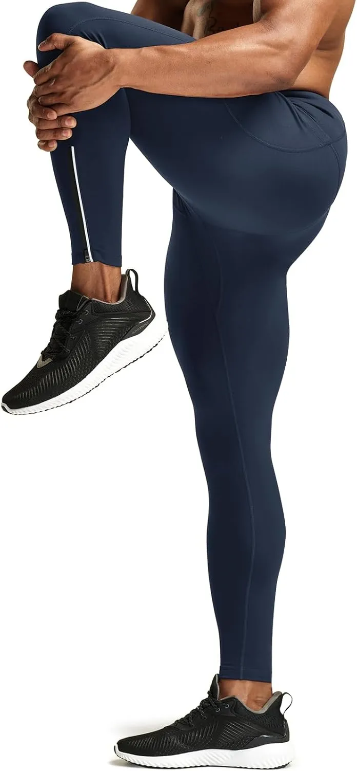 TSLA Men's Thermal Running Tights, Fleece Lined Compression Cycling Pants, Winter Cold Weather Leggings with Zipper Pocket