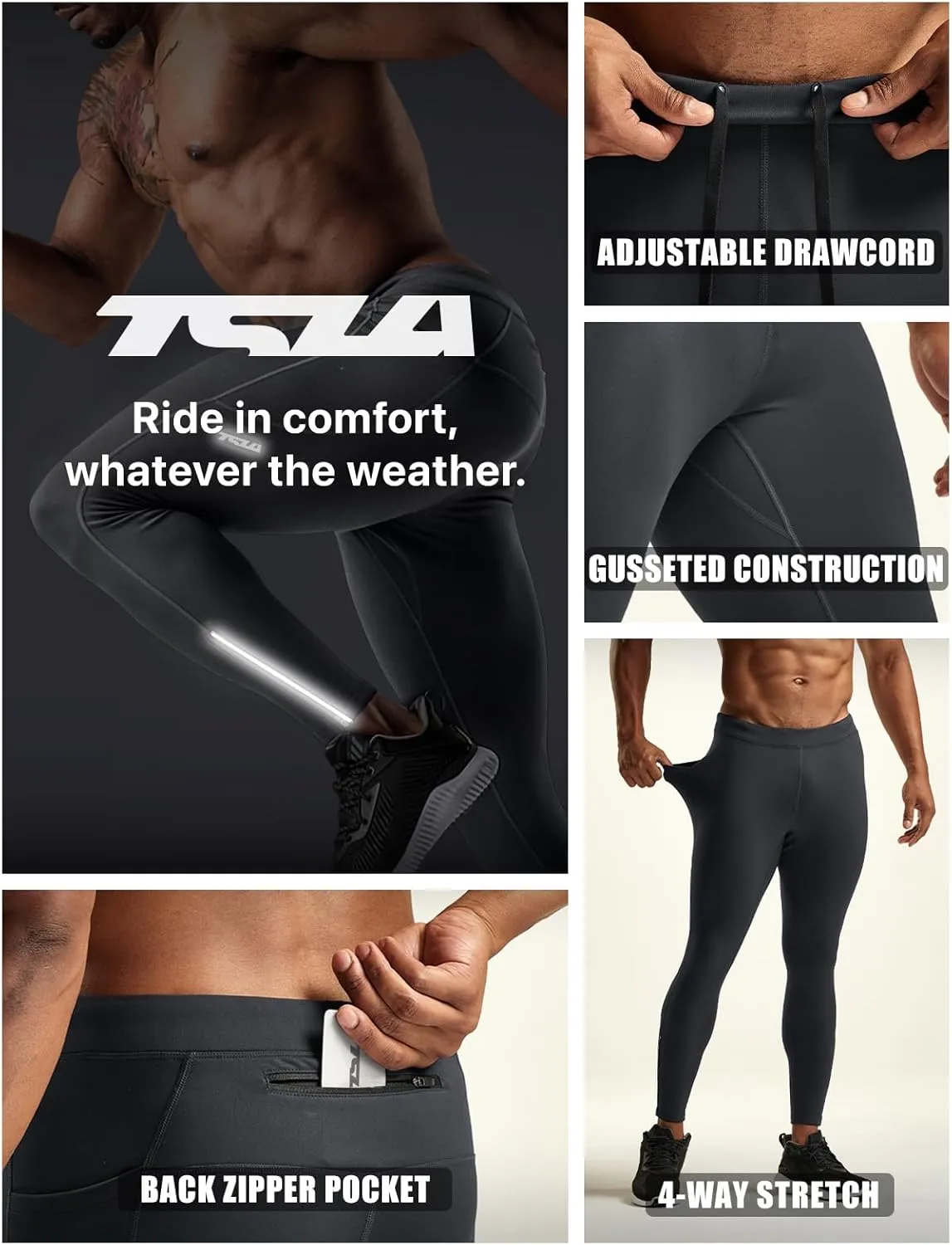 TSLA Men's Thermal Running Tights, Fleece Lined Compression Cycling Pants, Winter Cold Weather Leggings with Zipper Pocket
