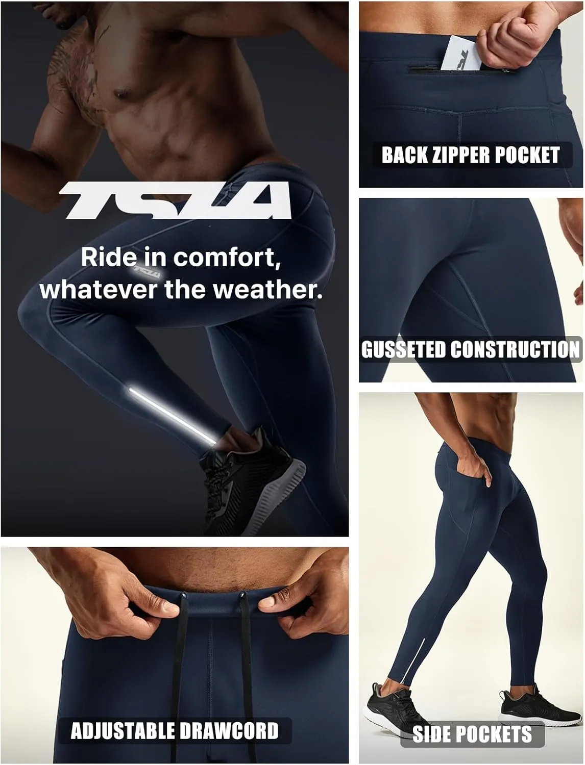 TSLA Men's Thermal Running Tights, Fleece Lined Compression Cycling Pants, Winter Cold Weather Leggings with Zipper Pocket