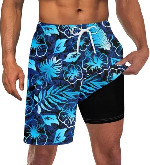 TUONROAD Mens Swim Trunks with Compression Liner 2 in 1 Board Shorts 9 Inch Quick Dry Swimming Trunks with Pockets