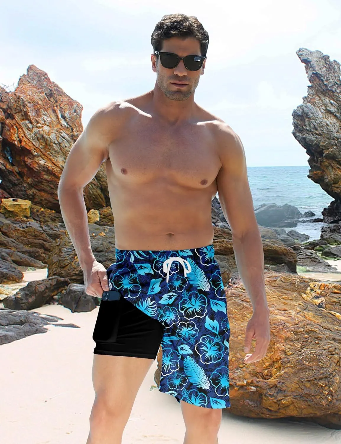 TUONROAD Mens Swim Trunks with Compression Liner 2 in 1 Board Shorts 9 Inch Quick Dry Swimming Trunks with Pockets