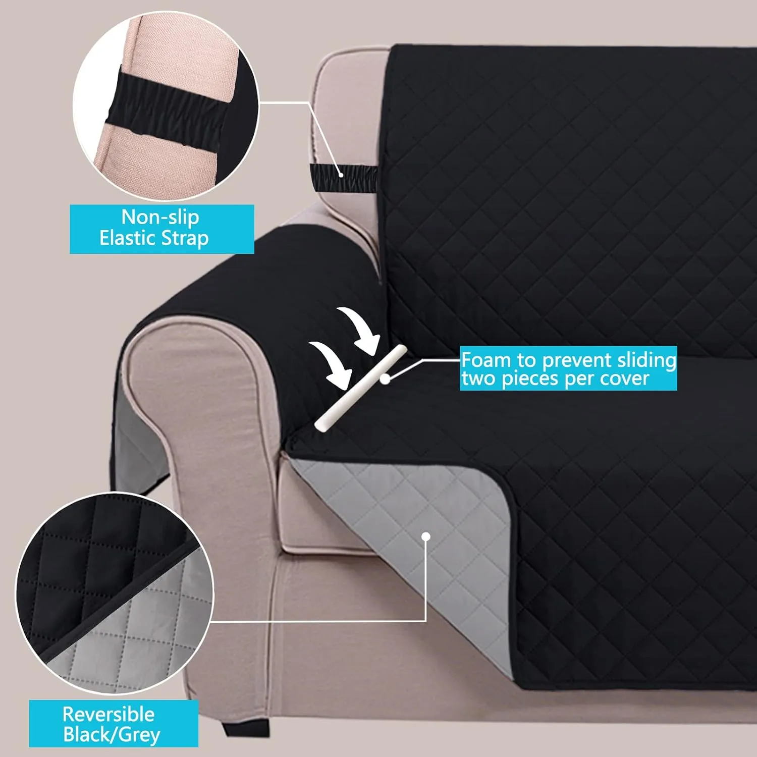 U-NICE HOME Reversible Sofa Cover Couch Cover for Dogs with Elastic Straps Water Resistant Furniture Protector for Pets Couch Cover for 3 Cushion Couch (Sofa, Black/Grey)