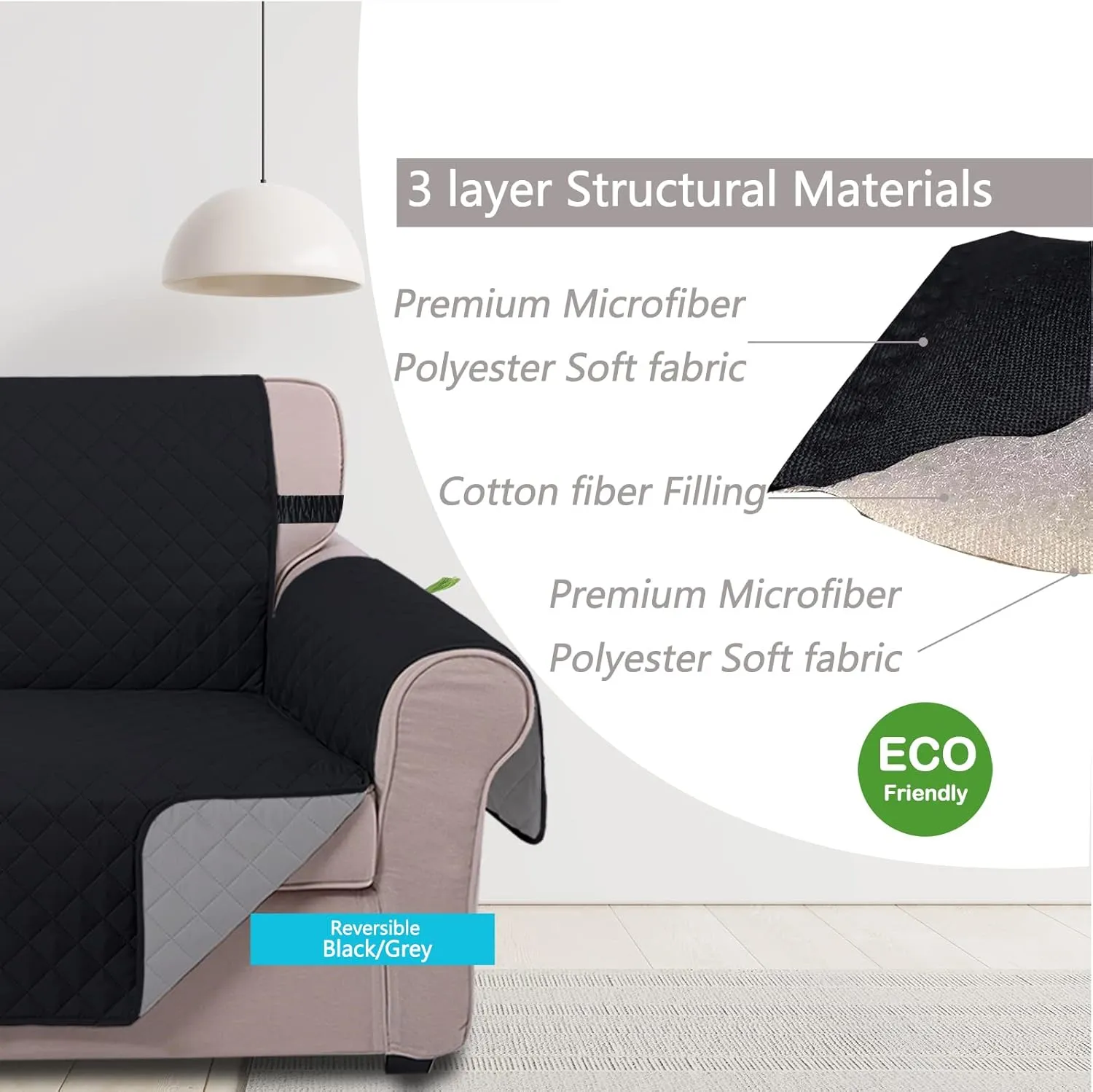 U-NICE HOME Reversible Sofa Cover Couch Cover for Dogs with Elastic Straps Water Resistant Furniture Protector for Pets Couch Cover for 3 Cushion Couch (Sofa, Black/Grey)