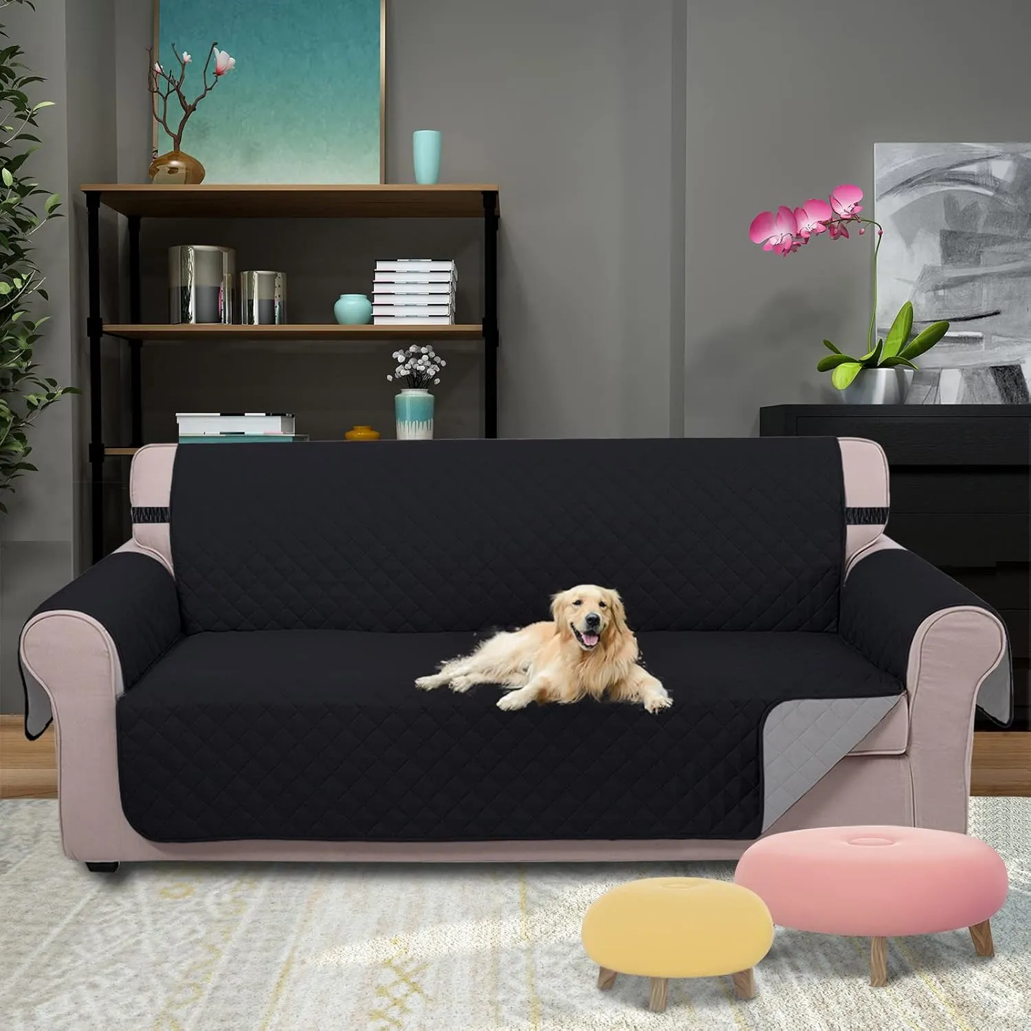 U-NICE HOME Reversible Sofa Cover Couch Cover for Dogs with Elastic Straps Water Resistant Furniture Protector for Pets Couch Cover for 3 Cushion Couch (Sofa, Black/Grey)