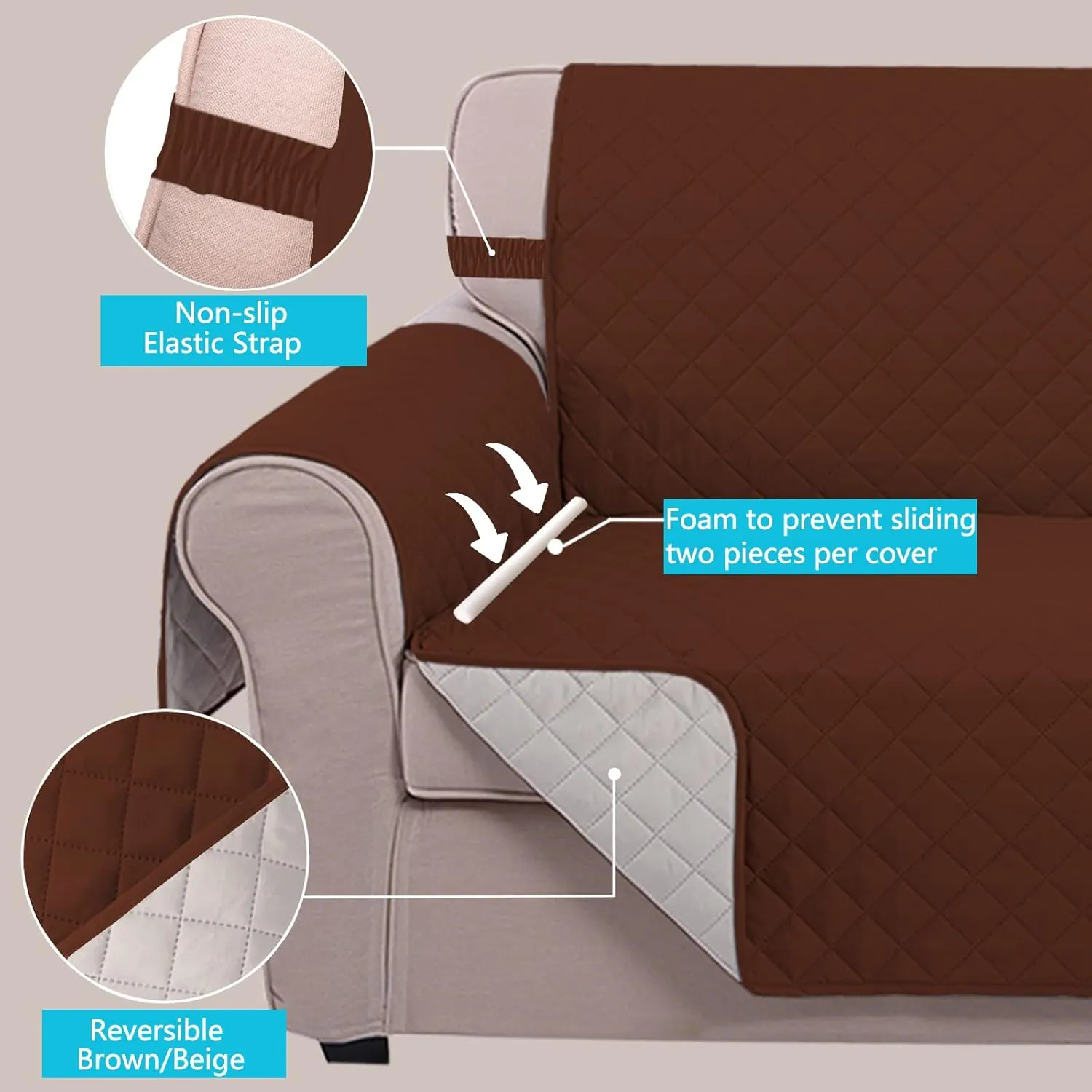 U-NICE HOME Reversible Sofa Cover Couch Cover for Dogs with Elastic Straps Water Resistant Furniture Protector for Pets Couch Cover for 3 Cushion Couch (Sofa, Brown/Beige)