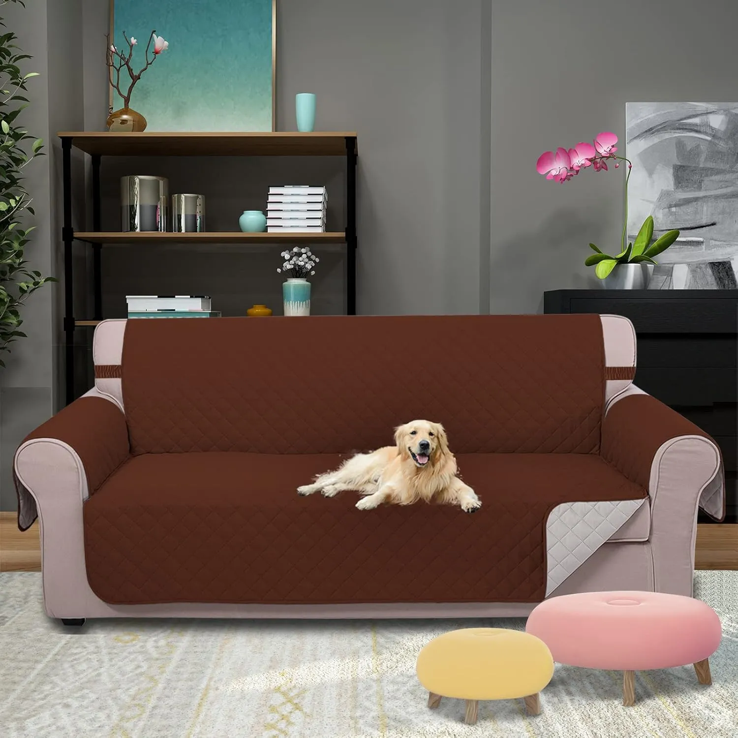 U-NICE HOME Reversible Sofa Cover Couch Cover for Dogs with Elastic Straps Water Resistant Furniture Protector for Pets Couch Cover for 3 Cushion Couch (Sofa, Brown/Beige)