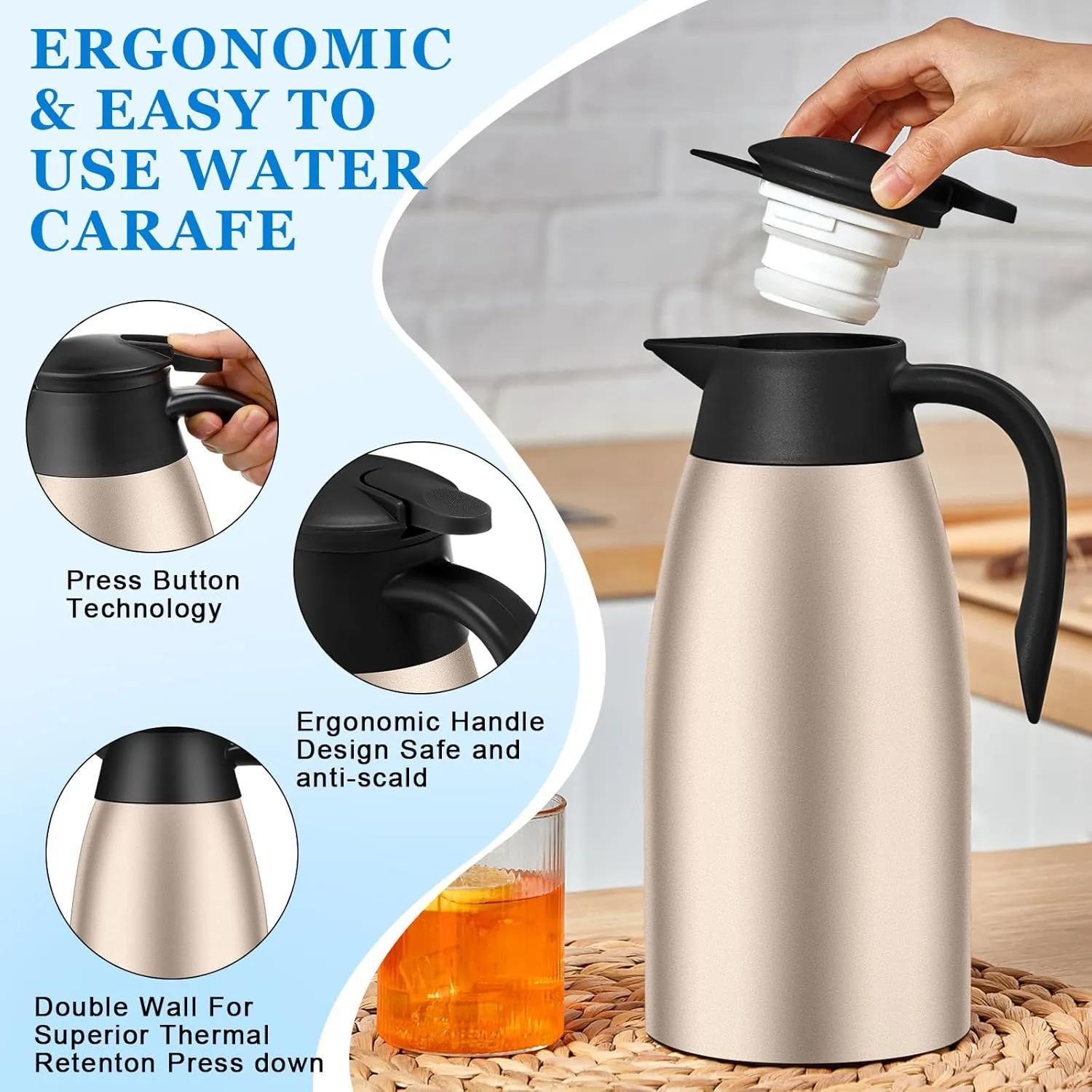Uiifan 2 Pcs 68oz Thermal Coffee Carafe Insulated Stainless Steel Thermal Coffee Carafe Double Walled Vacuum Flask Carafes with Brushes for Keeping Tea for 12 Hours(Champaign Gold)