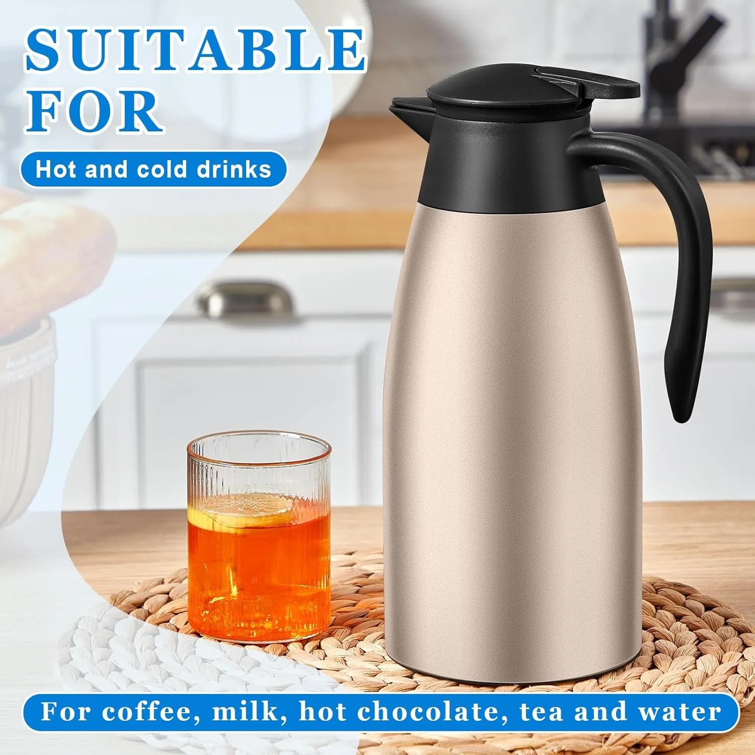 Uiifan 2 Pcs 68oz Thermal Coffee Carafe Insulated Stainless Steel Thermal Coffee Carafe Double Walled Vacuum Flask Carafes with Brushes for Keeping Tea for 12 Hours(Champaign Gold)