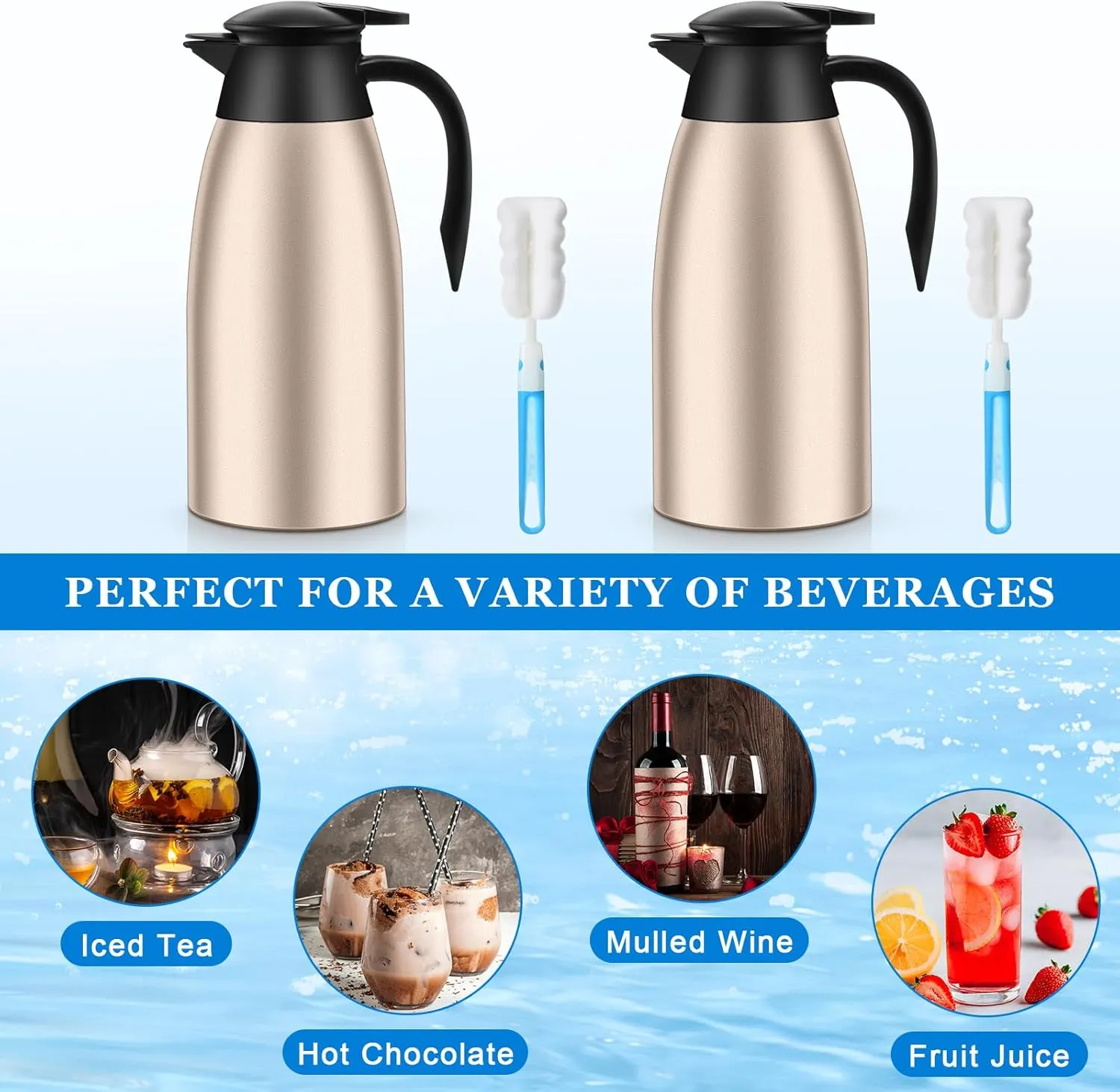 Uiifan 2 Pcs 68oz Thermal Coffee Carafe Insulated Stainless Steel Thermal Coffee Carafe Double Walled Vacuum Flask Carafes with Brushes for Keeping Tea for 12 Hours(Champaign Gold)