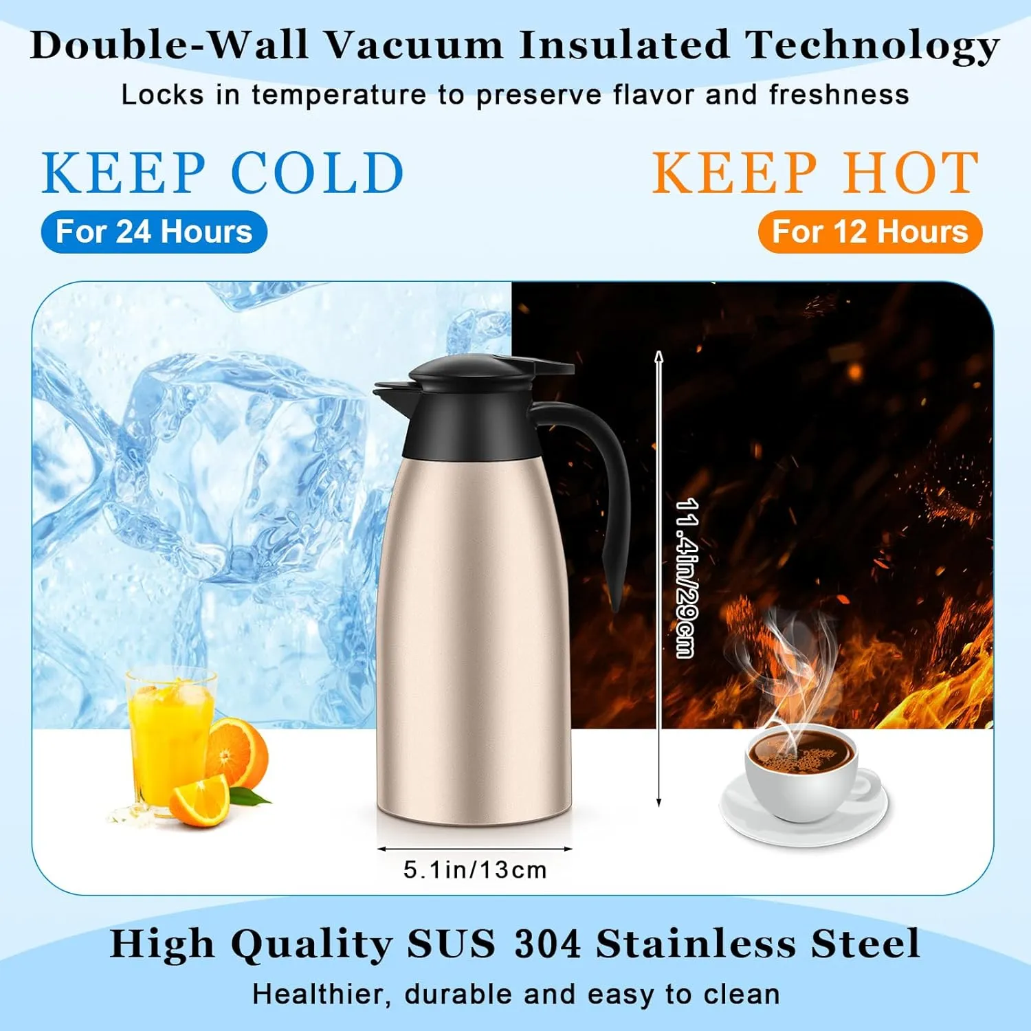Uiifan 2 Pcs 68oz Thermal Coffee Carafe Insulated Stainless Steel Thermal Coffee Carafe Double Walled Vacuum Flask Carafes with Brushes for Keeping Tea for 12 Hours(Champaign Gold)