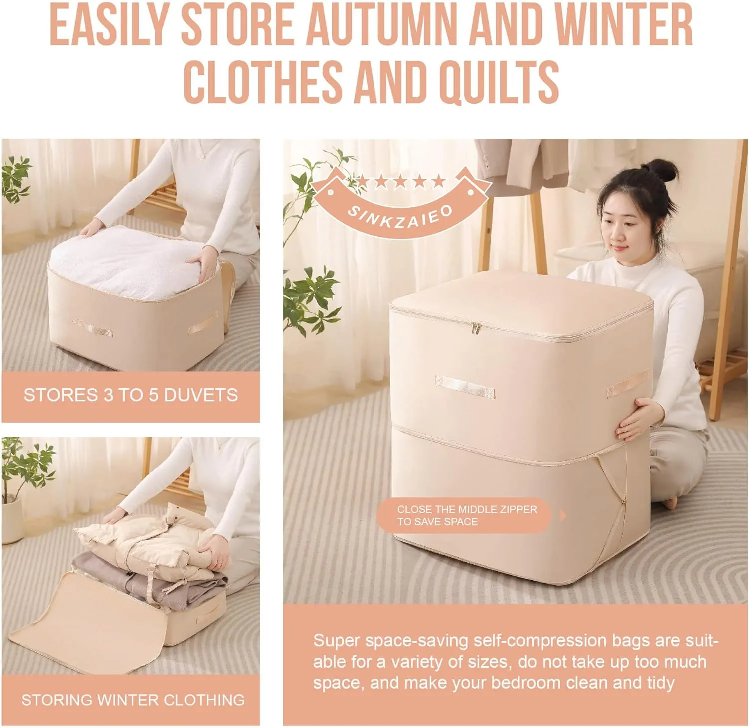Ultra Space Saving Self Compression Organizer,Packing Cubes,Waterproof And Moisture-Proof,High Capacity,For Blankets Clothes Duvet Comforter（Apricot 21.2 * 16.2 * 23.6 In）
