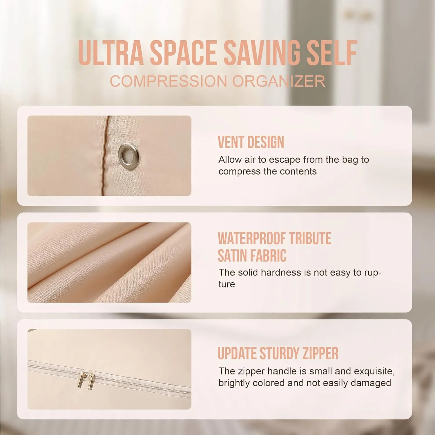 Ultra Space Saving Self Compression Organizer,Packing Cubes,Waterproof And Moisture-Proof,High Capacity,For Blankets Clothes Duvet Comforter（Apricot 21.2 * 16.2 * 23.6 In）