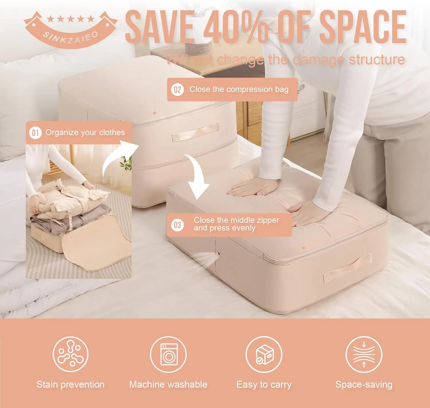 Ultra Space Saving Self Compression Organizer,Packing Cubes,Waterproof And Moisture-Proof,High Capacity,For Blankets Clothes Duvet Comforter（Apricot 21.2 * 16.2 * 23.6 In）