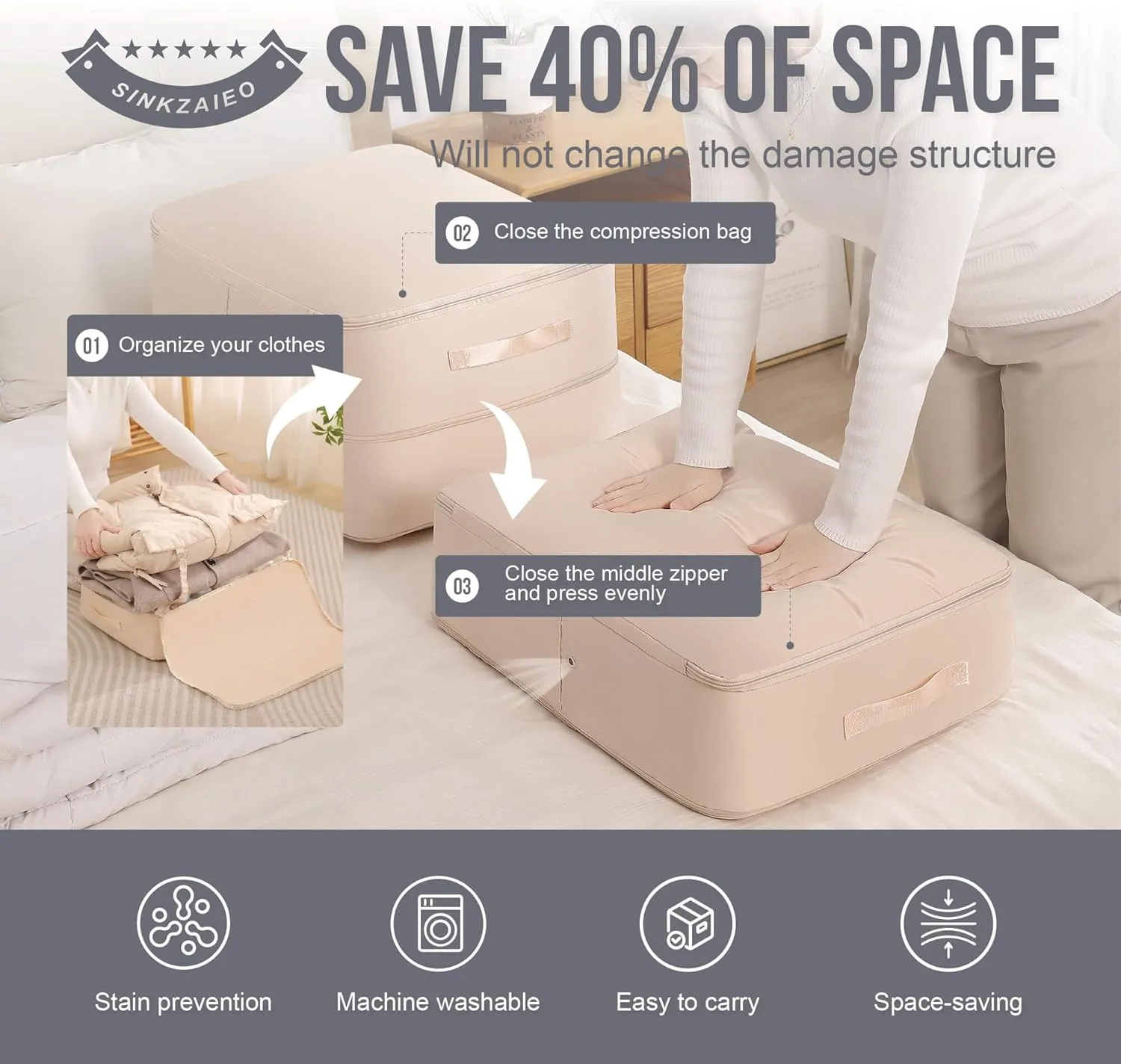 Ultra Space Saving Self Compression Organizer,Packing Cubes,Waterproof And Moisture-Proof,High Capacity,For Blankets Clothes Duvet Comforter（Gray 21.2 * 16.2 * 11.8 In）