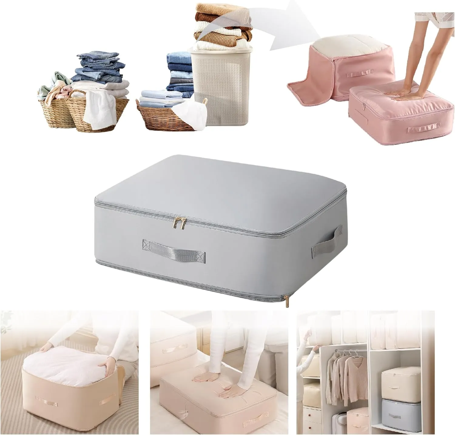 Ultra Space Saving Self Compression Organizer,Packing Cubes,Waterproof And Moisture-Proof,High Capacity,For Blankets Clothes Duvet Comforter（Gray 21.2 * 16.2 * 11.8 In）