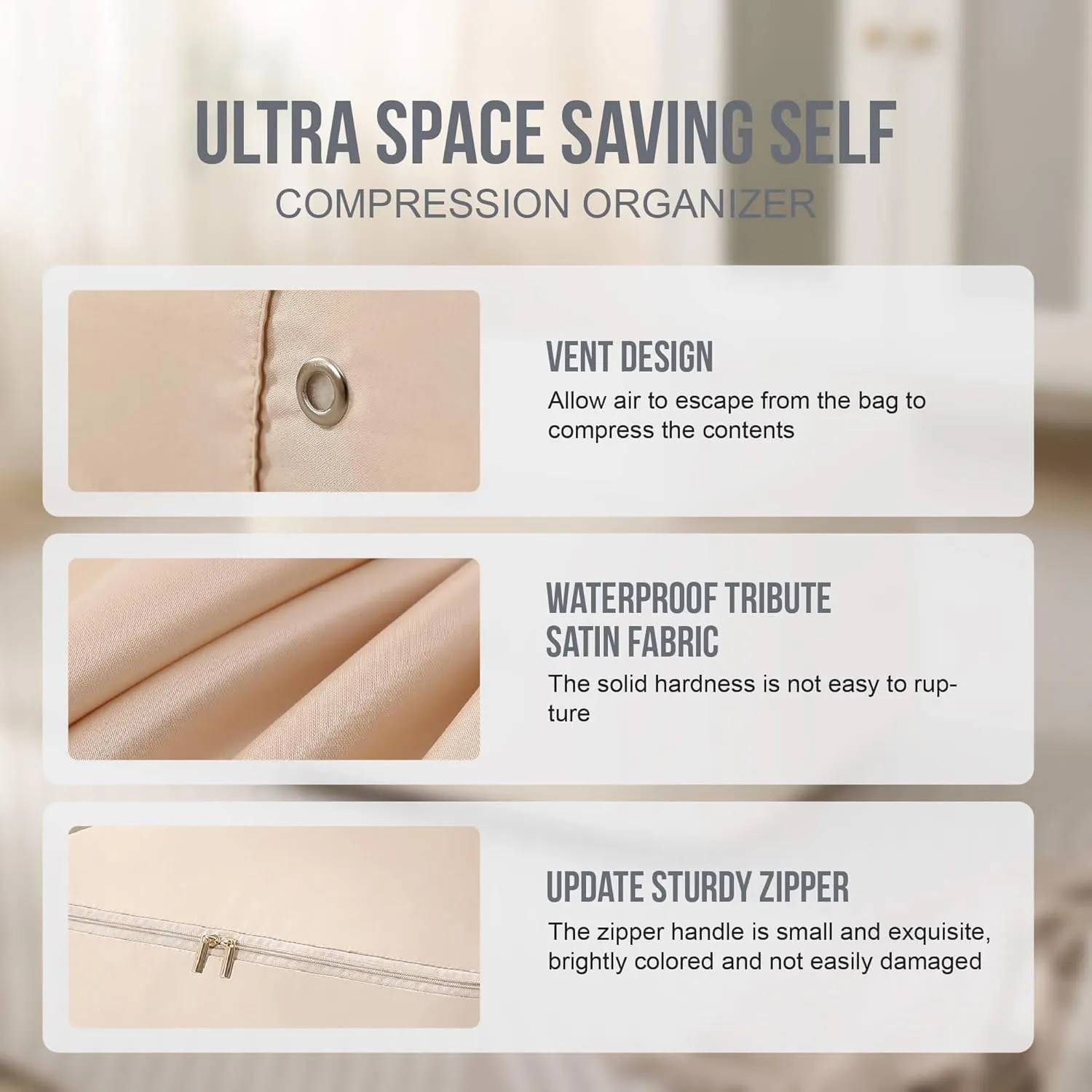 Ultra Space Saving Self Compression Organizer,Packing Cubes,Waterproof And Moisture-Proof,High Capacity,For Blankets Clothes Duvet Comforter（Gray 21.2 * 16.2 * 11.8 In）