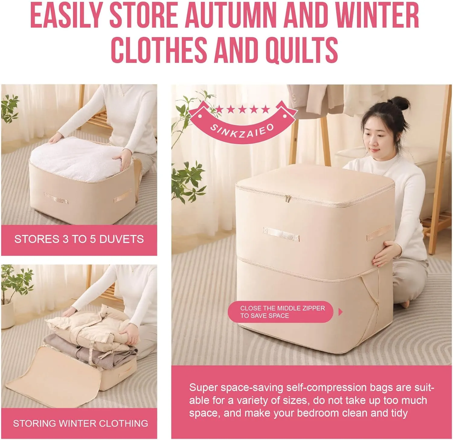 Ultra Space Saving Self Compression Organizer,Packing Cubes,Waterproof And Moisture-Proof,High Capacity,For Blankets Clothes Duvet Comforter（Pink 21.2 * 16.2 * 11.8 In）