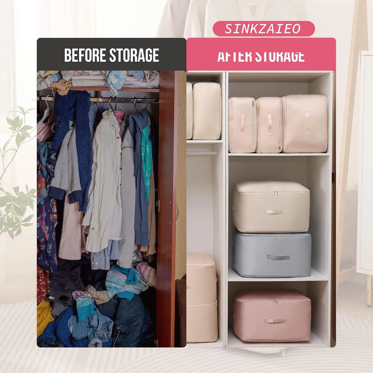 Ultra Space Saving Self Compression Organizer,Packing Cubes,Waterproof And Moisture-Proof,High Capacity,For Blankets Clothes Duvet Comforter（Pink 21.2 * 16.2 * 11.8 In）