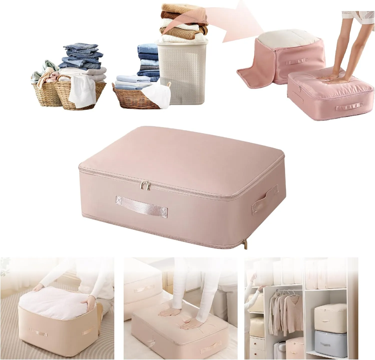 Ultra Space Saving Self Compression Organizer,Packing Cubes,Waterproof And Moisture-Proof,High Capacity,For Blankets Clothes Duvet Comforter（Pink 21.2 * 16.2 * 11.8 In）