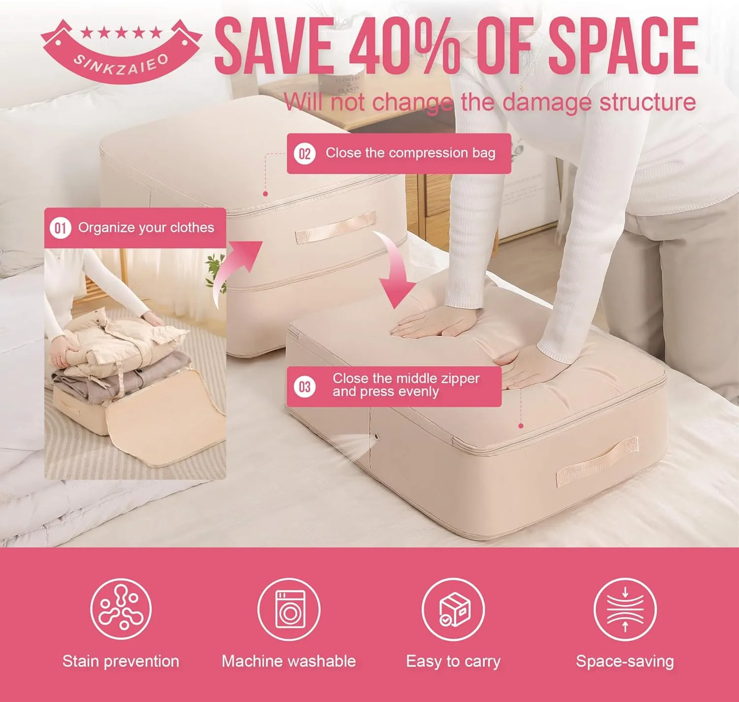 Ultra Space Saving Self Compression Organizer,Packing Cubes,Waterproof And Moisture-Proof,High Capacity,For Blankets Clothes Duvet Comforter（Pink 21.2 * 16.2 * 11.8 In）
