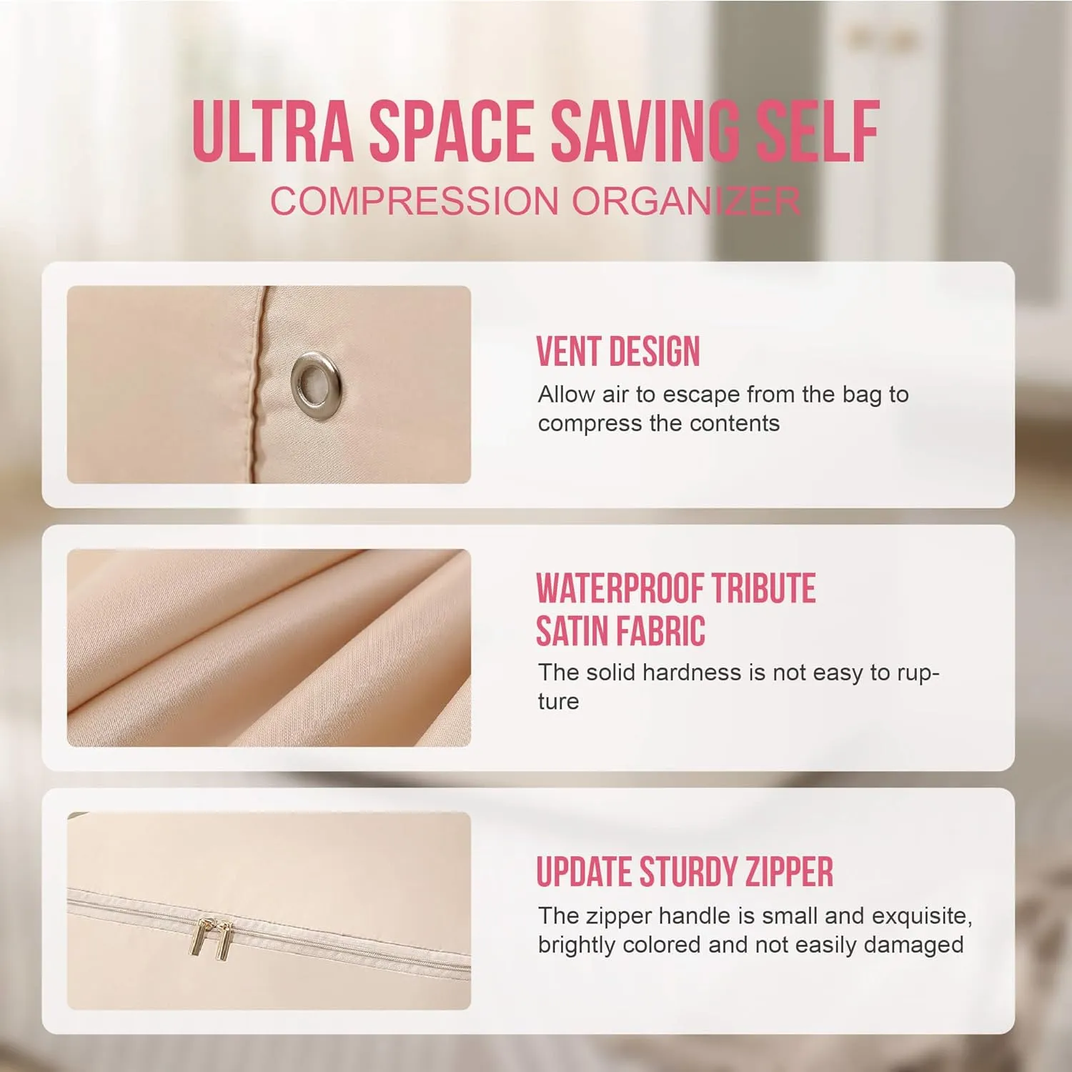 Ultra Space Saving Self Compression Organizer,Packing Cubes,Waterproof And Moisture-Proof,High Capacity,For Blankets Clothes Duvet Comforter（Pink 21.2 * 16.2 * 11.8 In）