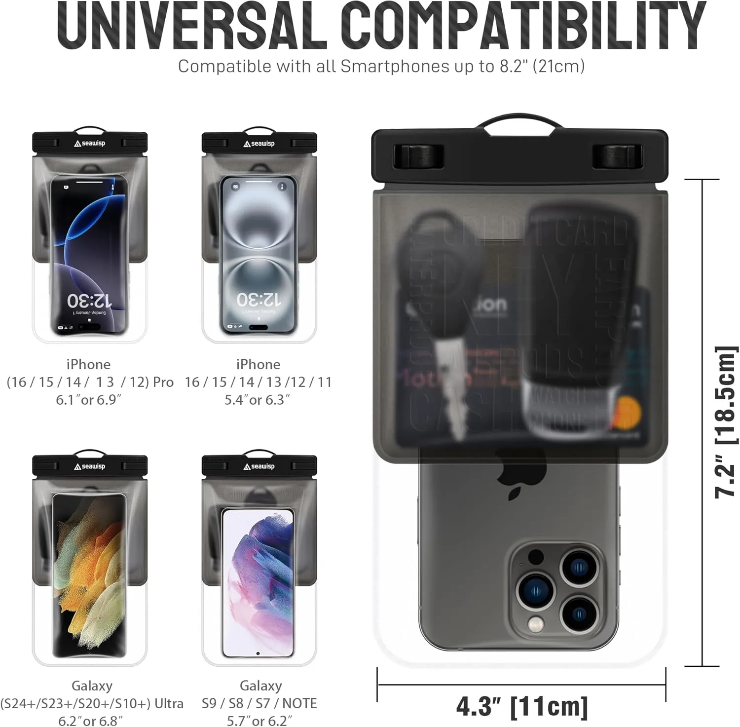 Universal Waterproof Phone Pouch [Double Space] IPX8 Dry Bag with Lanyard for iPhone 16 15 14 13 12 Pro Max XS XR X Galaxy S25 S24 S23 Ultra, Fit All Phones Up to 8'', Gray