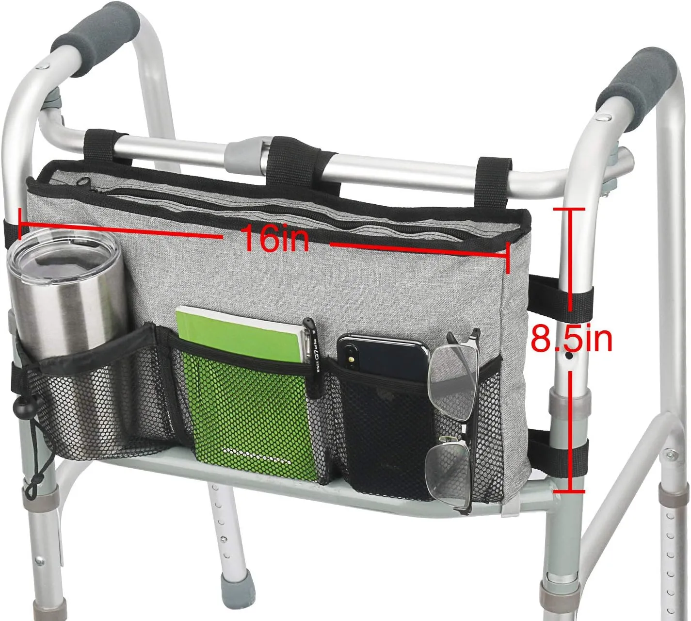 Update Walker Bag Hand Free Storage Bag Walker Attachment Handicap Basket Pouch for Rollator, Wheelchair, Folding Walkers (Grey)