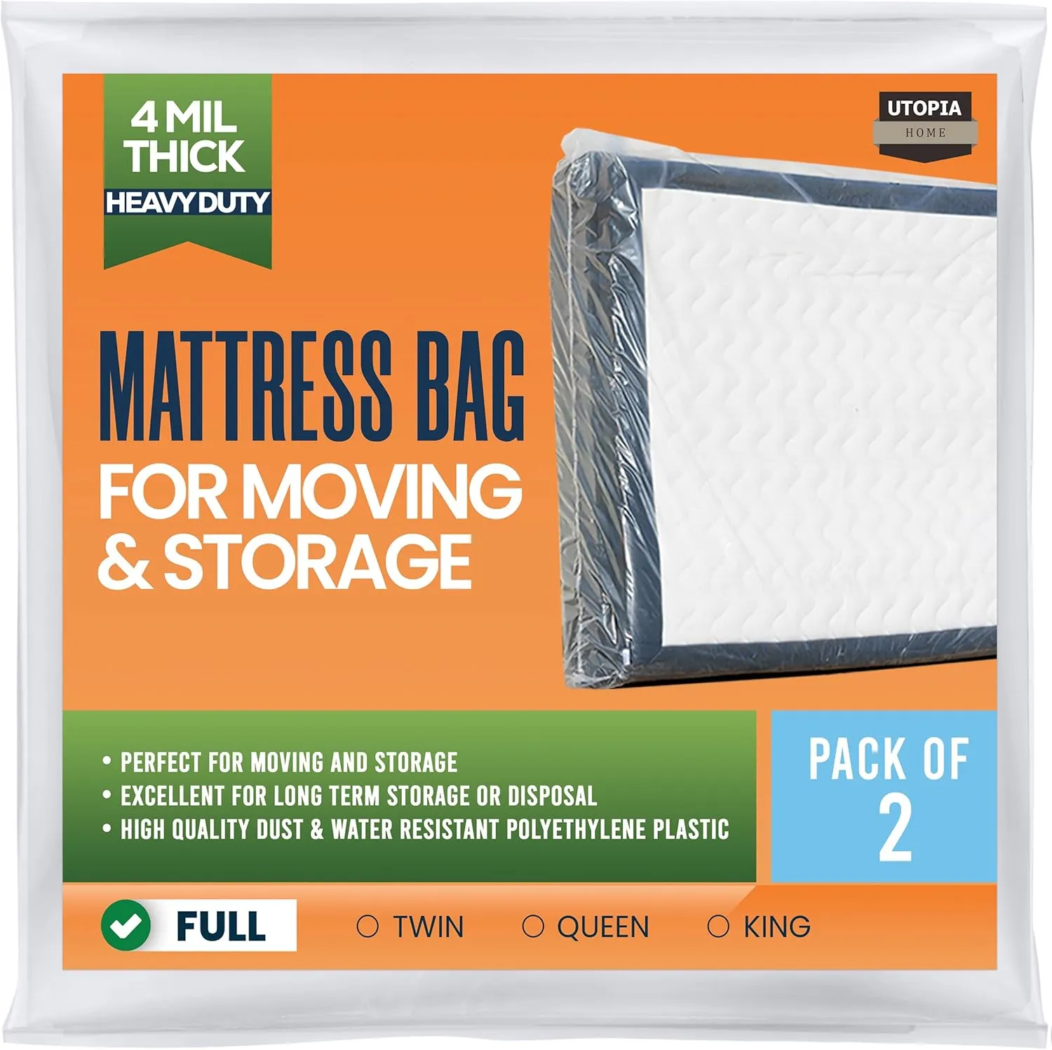 Utopia Home Full Size Mattress Bag for Moving (2 Pack), 4 Mil Heavy Duty Plastic Storage Bag, Mattress Encasement Cover Fits Mattresses up to 14 Inches