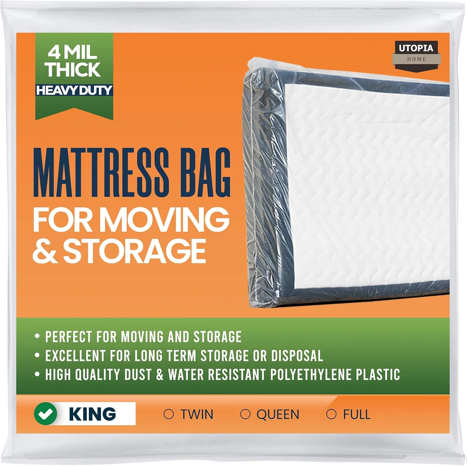 Utopia Home King Size Mattress Bag for Moving, 4 Mil Heavy Duty Plastic Storage Bag, Mattress Encasement Cover Fits Mattresses up to 14 Inches