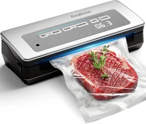 Vacuum Sealer, For Food Storage Save Powerful Machine 90kPa 120W Build-in Cutter and Bag Storage Digital Countdown Display Dry & Moist Modes Wide Seal 2 Bag Rolls & 5 Pre-Cut Bags