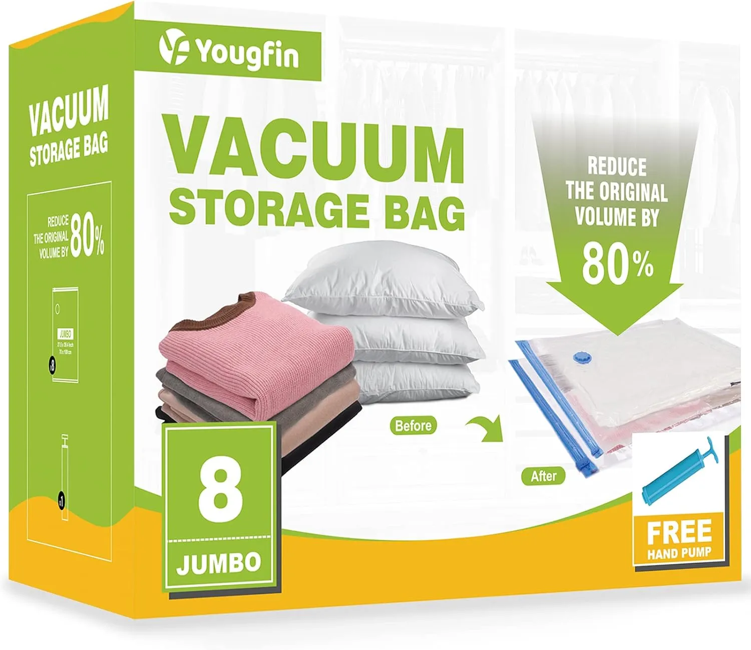 Vacuum Storage Bags, 8 Jumbo Space Saver Bags, Vacuum Sealer Bags for Clothes, Clothing, Comforters and Blankets, Compression Storage Bags with Hand Pump